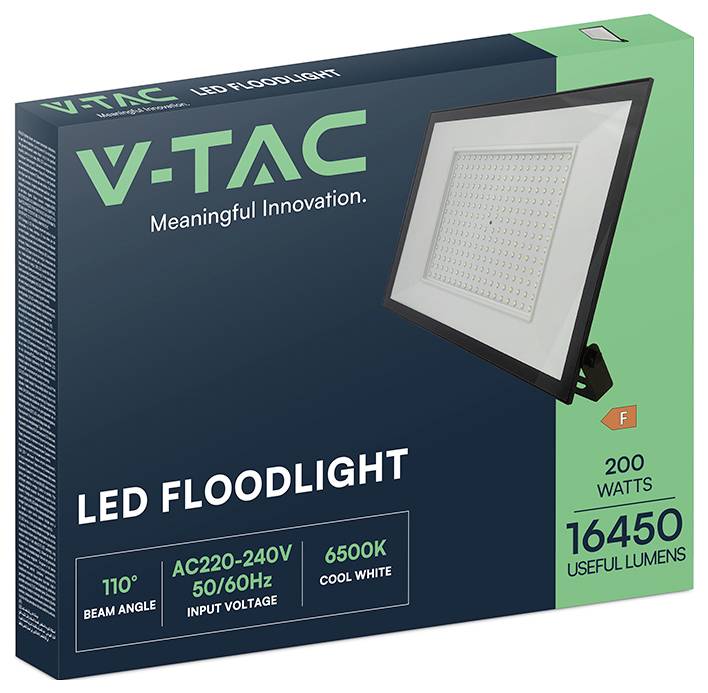 Die Abbildung zeigt eine Verpackung eines V-TAC LED-Flutlichtstrahlers mit Hervorhebung von '200 Watt', '16450 Nutzlumen', '110° Abstrahlwinkel' und '6500K Kaltweiß'.