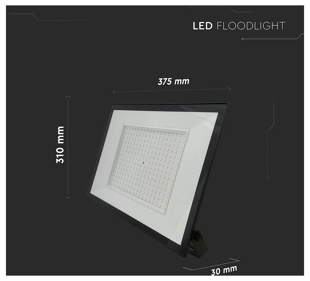 Eine LED-Flutlichtlampe wird in einem geneigten Rahmen mit den Abmessungen: 375 mm Breite, 310 mm Höhe und 30 mm Tiefe vor einem dunklen Hintergrund dargestellt.