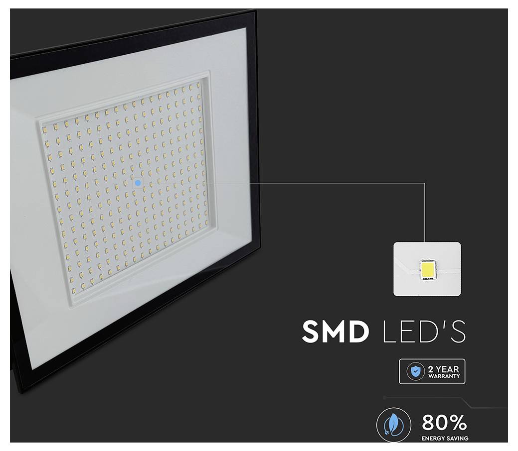 'Eine Nahaufnahme einer SMD-LED-Lichtplatte mit einer hervorgehobenen LED. Text liest sich 'SMD-LEDs', '2 Jahre Garantie' und '80% Energieeinsparung'.'