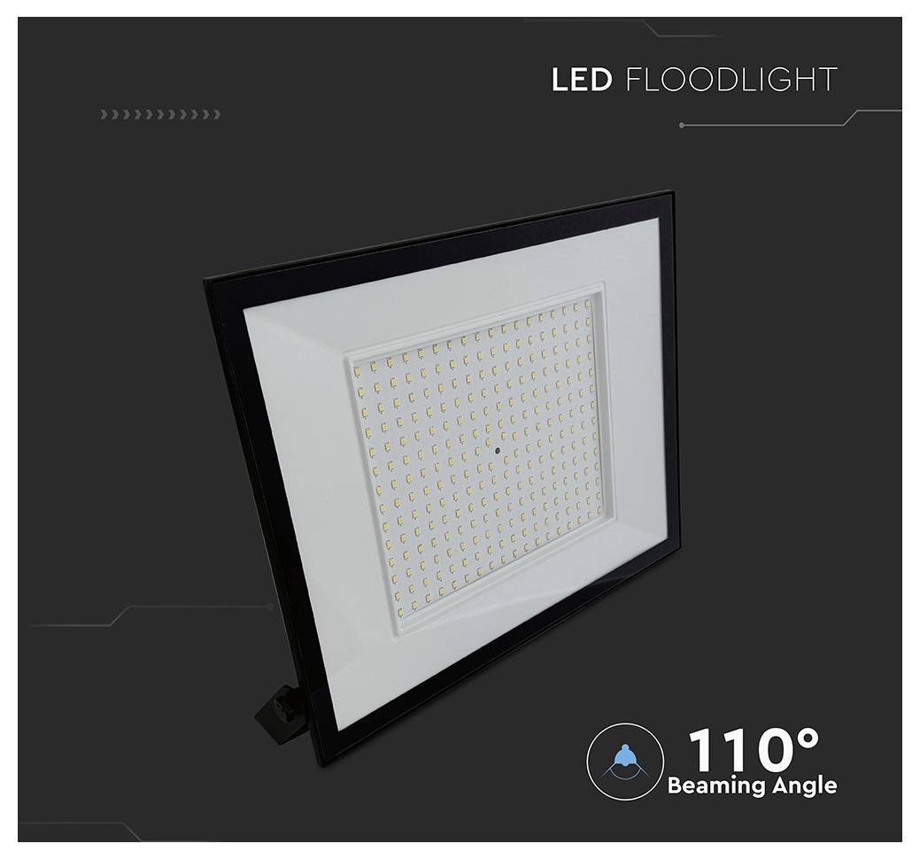 LED-Flutlicht, das auf einem schwarzen Hintergrund dargestellt wird und ein rechteckiges Lichtpanel mit einem 110-Grad-Abstrahlwinkel zeigt, der in der Ecke angegeben ist.