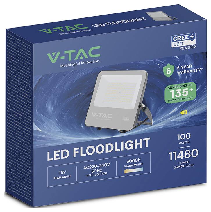 V-TAC LED-Flutlicht<br>100 Watt<br>11480 Lumen<br>3000K warmweiß<br>Abstrahlwinkel 115°<br>6 Jahre Garantie