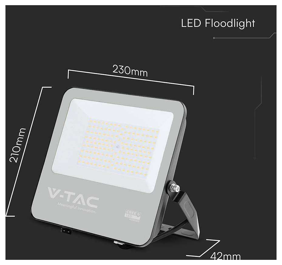 Ein rechteckiger LED-Scheinwerfer mit Abmessungen von 230 mm Breite und 210 mm Höhe, ausgestattet mit einem Ständer und mit den Beschriftungen 'V-TAC' und 'Samsung' versehen.