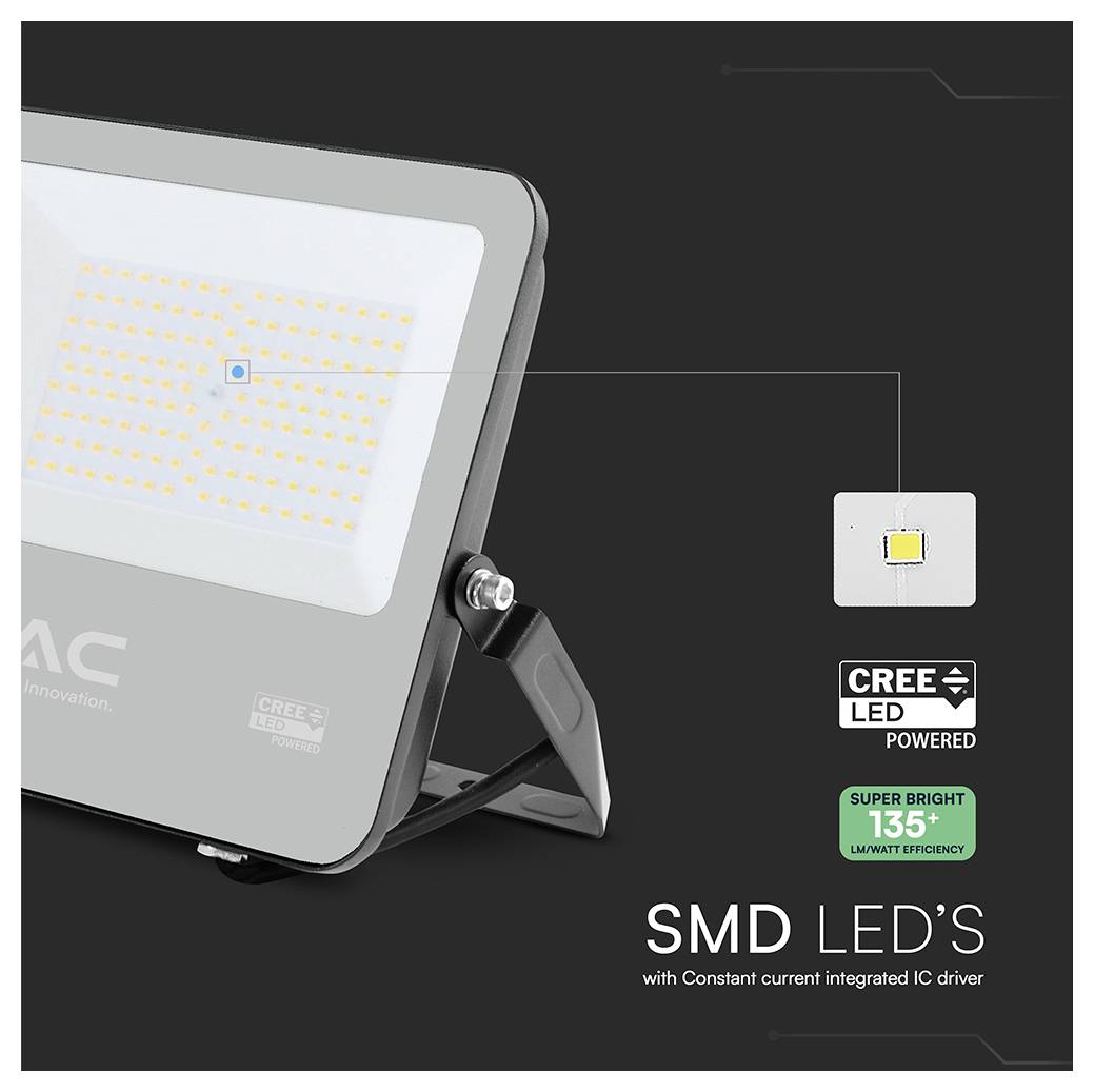 LED-Flutlicht mit verstellbarem Ständer, ausgestattet mit SMD-LEDs. Merkmale umfassen einen Cree-LED-Chip und einen hellen Lichtaustrahlungswinkel von 135°.