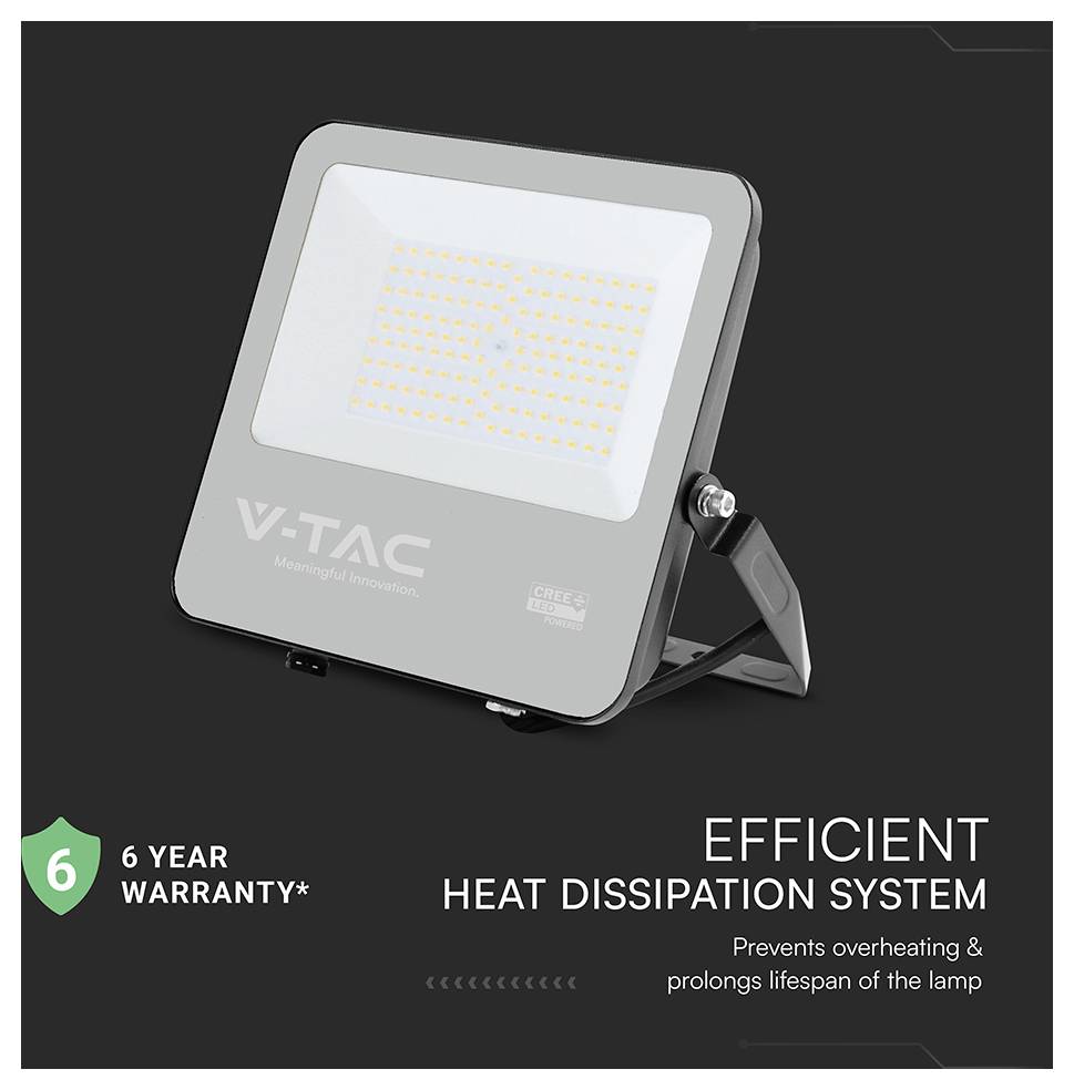 Floodlight-Bild mit Text: 'Effizientes Wärmeableitungssystem. Verhindert Überhitzung & verlängert die Lebensdauer der Lampe.' '6 Jahre Garantie'.