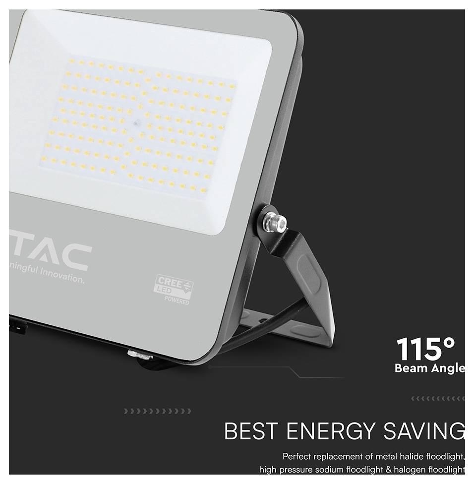 Ein Werbebild einer LED-Flutlichtstrahlers mit einem 115-Grad-Abstrahlwinkel, der als energiesparend und Ersatz für herkömmliche Beleuchtung vermarktet wird.