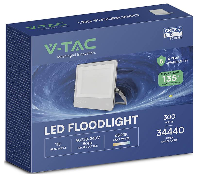 Karton mit LED-Flutlicht. Eigenschaften: 300 Watt, 115° Abstrahlwinkel, AC220-240V, 50Hz, 6500K Kaltweiß, 34440 Lumen, 6 Jahre Garantie.