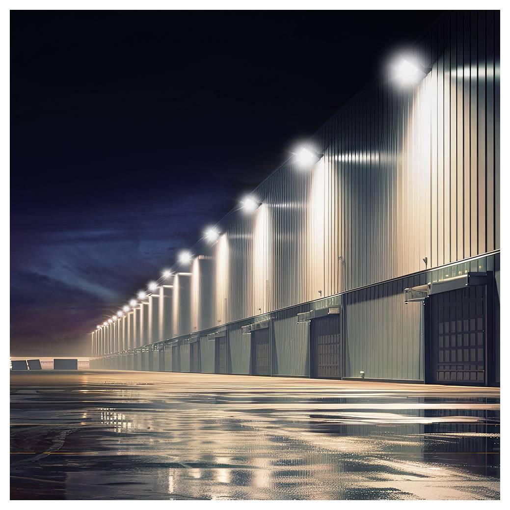 Eine Reihe von beleuchteten Lagerhallen in der Nacht spiegelt sich auf einer nassen Oberfläche und erzeugt eine ruhige und symmetrische Szene unter einem bewölkten Himmel.