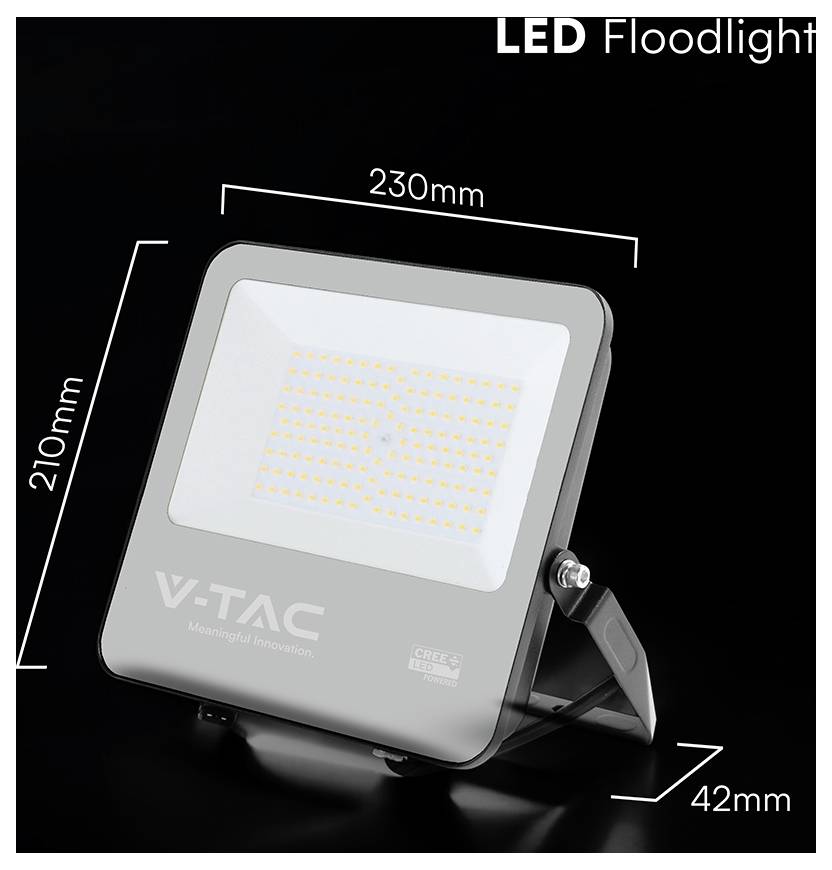 LED-Flutlicht mit Abmessungen: 230 mm Breite, 210 mm Höhe, 42 mm Tiefe. Marke „V-TAC