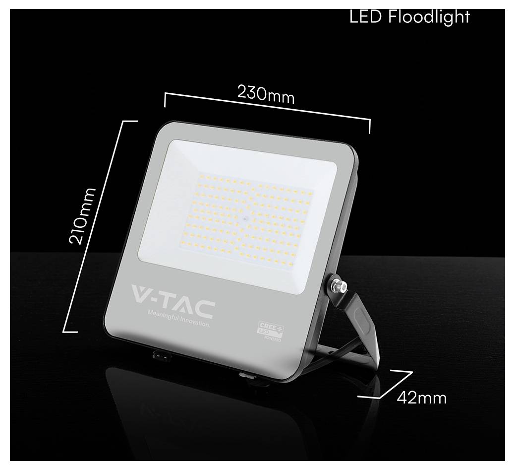 Ein Bild eines V-TAC LED-Flutlichtstrahlers mit angezeigten Abmessungen: 230 mm Breite, 210 mm Höhe und 42 mm Tiefe.