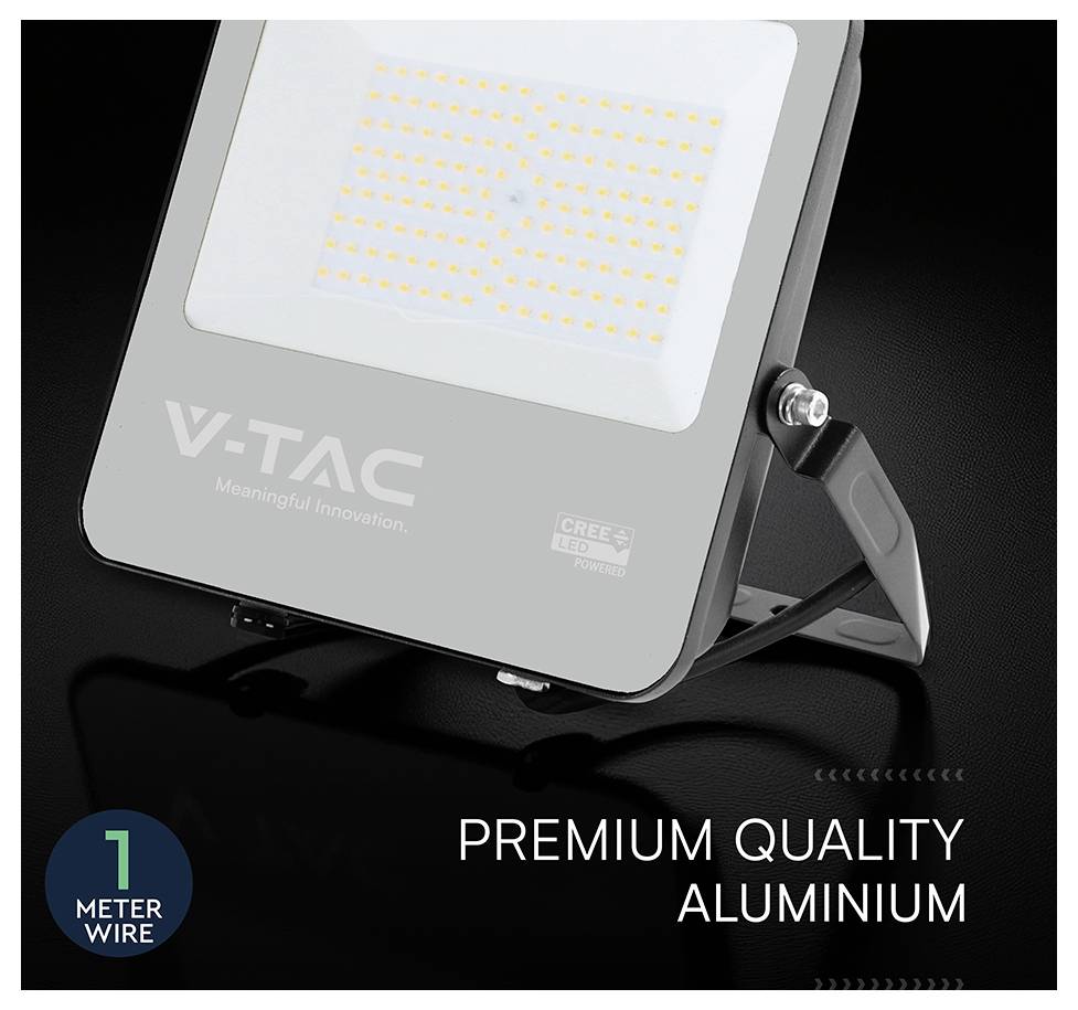 V-TAC Premium-Qualität Aluminium-LED-Flutlicht mit 1-Meter-Kabel, ausgestattet mit robuster Konstruktion und effizienter Beleuchtungstechnologie.