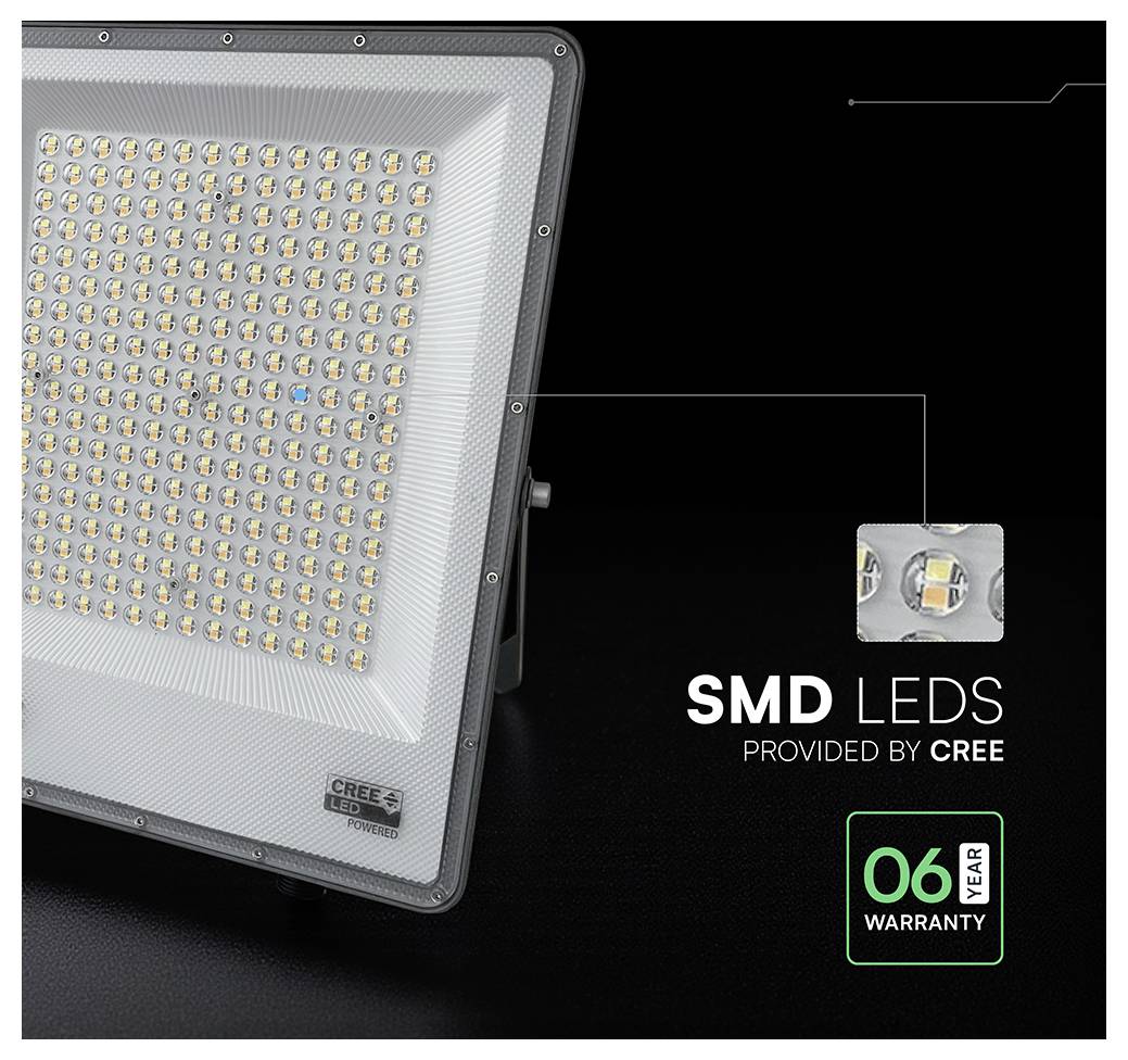 Nahaufnahme eines rechteckigen LED-Panels mit vielen kleinen Lichtern, beschriftet mit „SMD-LEDs von CREE