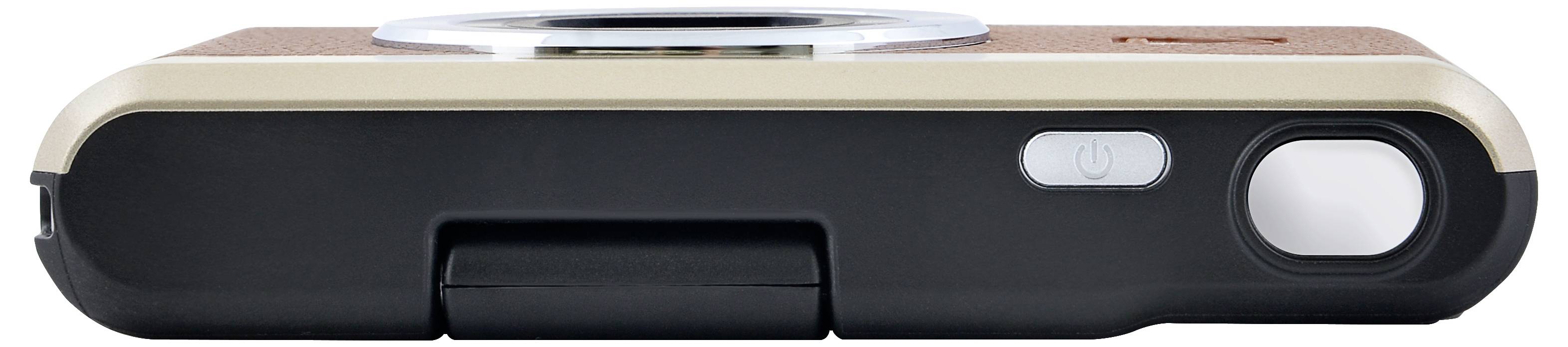 Eine schmale, rechteckige Kamera, von der Seite betrachtet, mit einem braun-schwarzen Design, einer Linse an der Oberseite und einem Einschaltknopf an der Seite.