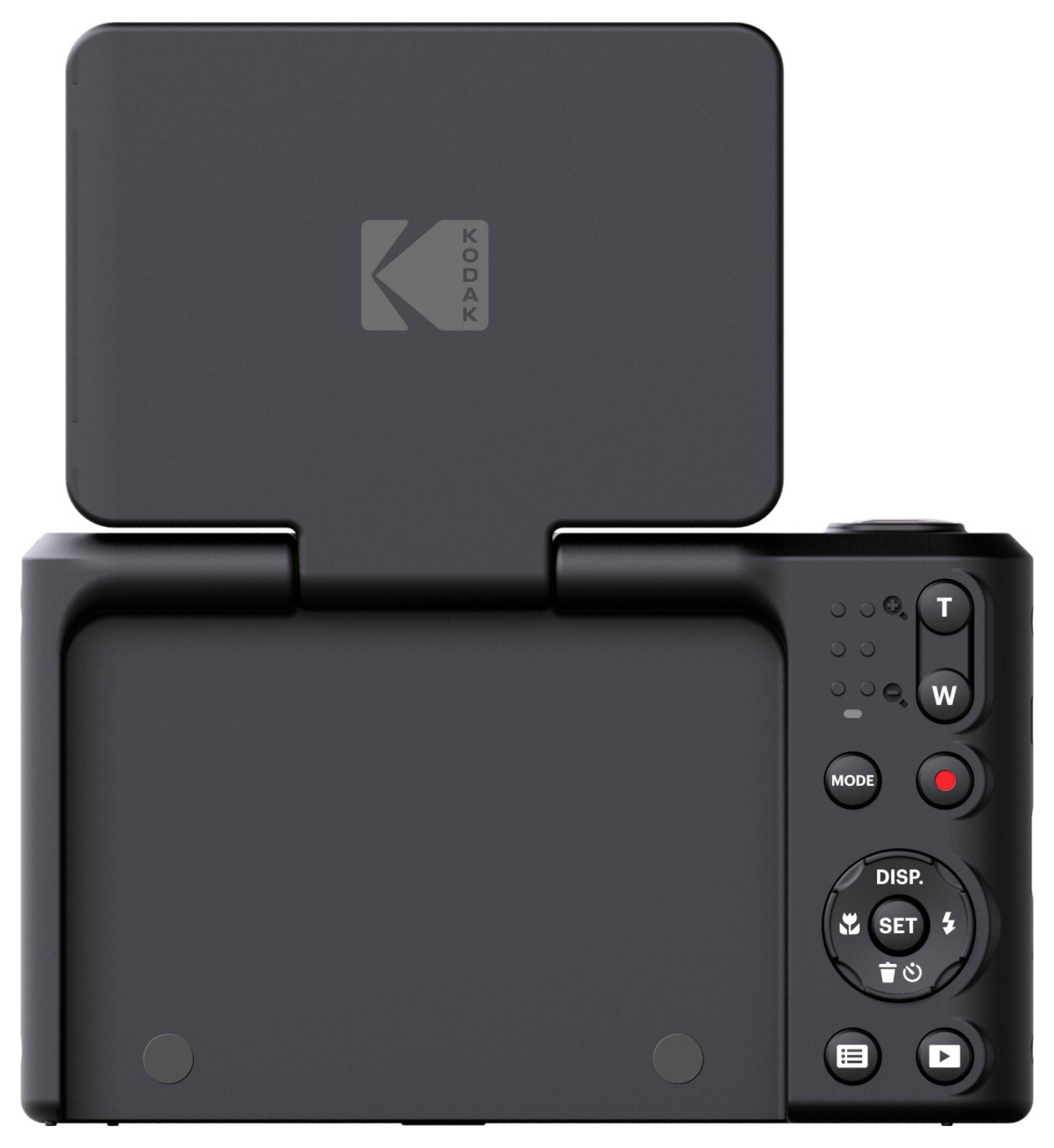 Eine Digitalkamera, von hinten gezeigt, mit einem aufgeklappten Bildschirm, auf dem das Kodak-Logo zu sehen ist, und verschiedenen Bedienungstasten an der Seite.