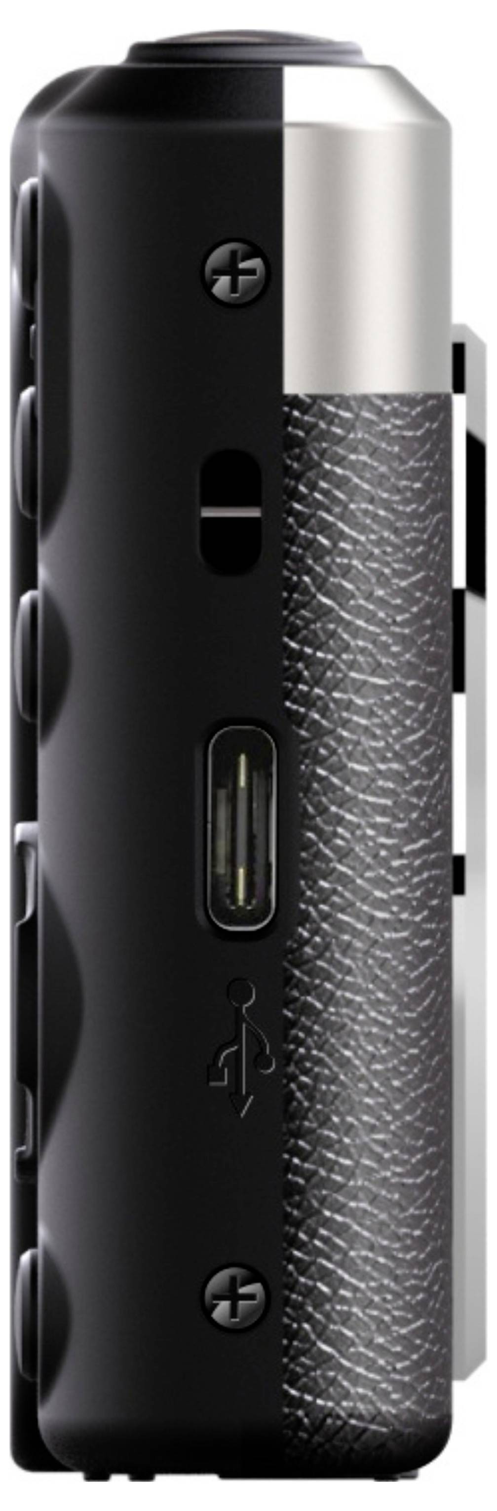 Seitenansicht eines kompakten digitalen Audiorekorders mit Tasten, einem USB-C-Anschluss und einem strukturierten Griff.