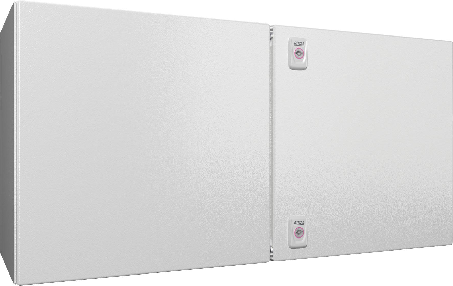 Elektrisches Gehäuse mit zwei Ausbrech-Tastern, die an der rechten Platte positioniert sind. Die Oberfläche ist glatt und von metallischer Farbe.