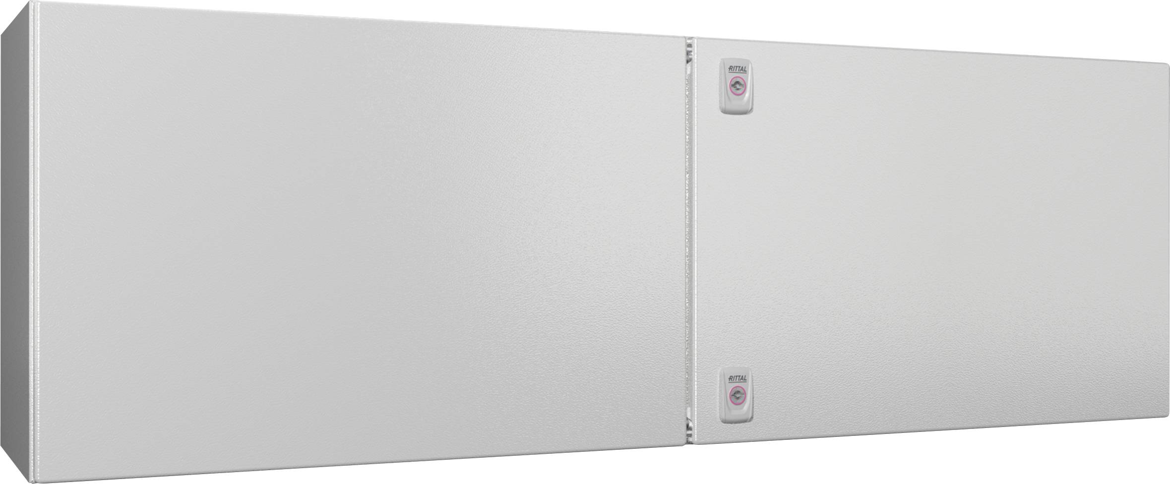 Ein großer, schlichter weißer Lagerschrank mit zwei Türen, wobei jede Tür ein kleines Schlossfeld an den oberen Kanten aufweist.