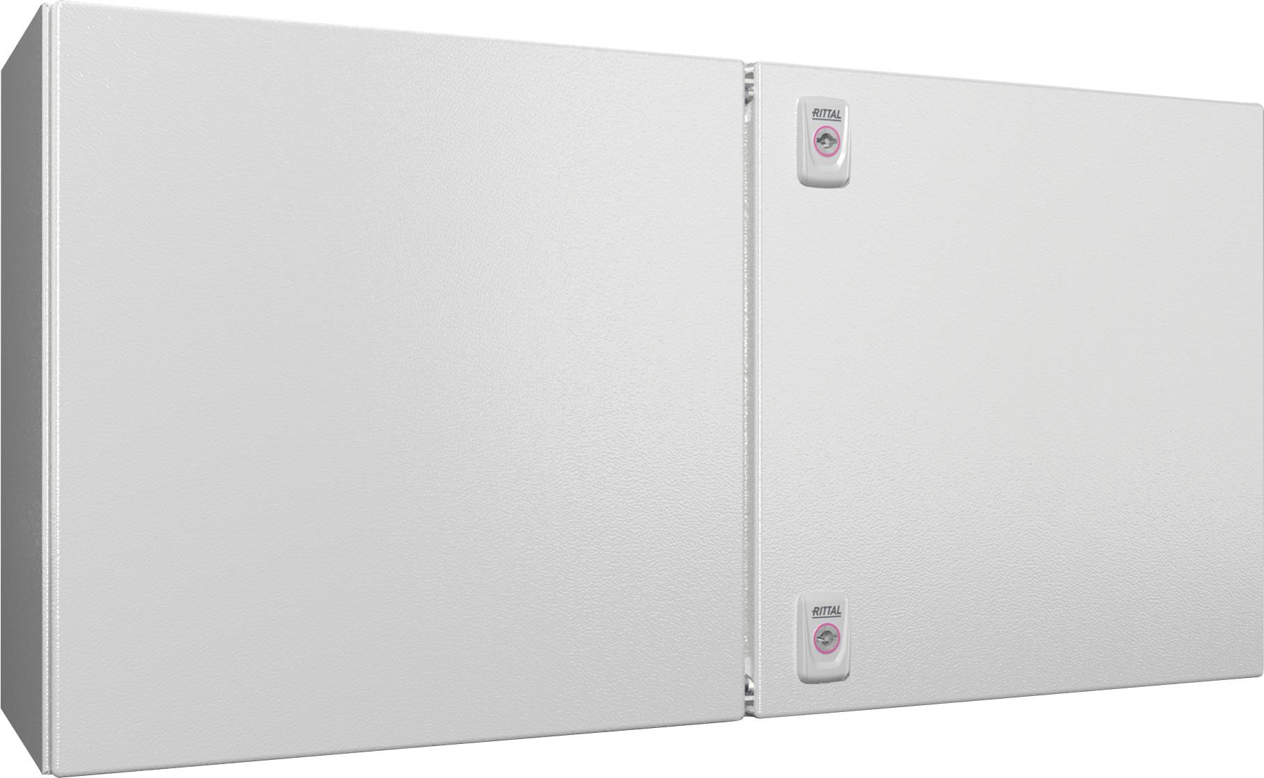 Ein schlichter, weißer Aufbewahrungsschrank mit zwei Türen und minimalistischen Details, konzipiert für einen funktionalen, modernen Look, ausgestattet mit zwei kleinen Schlössern.