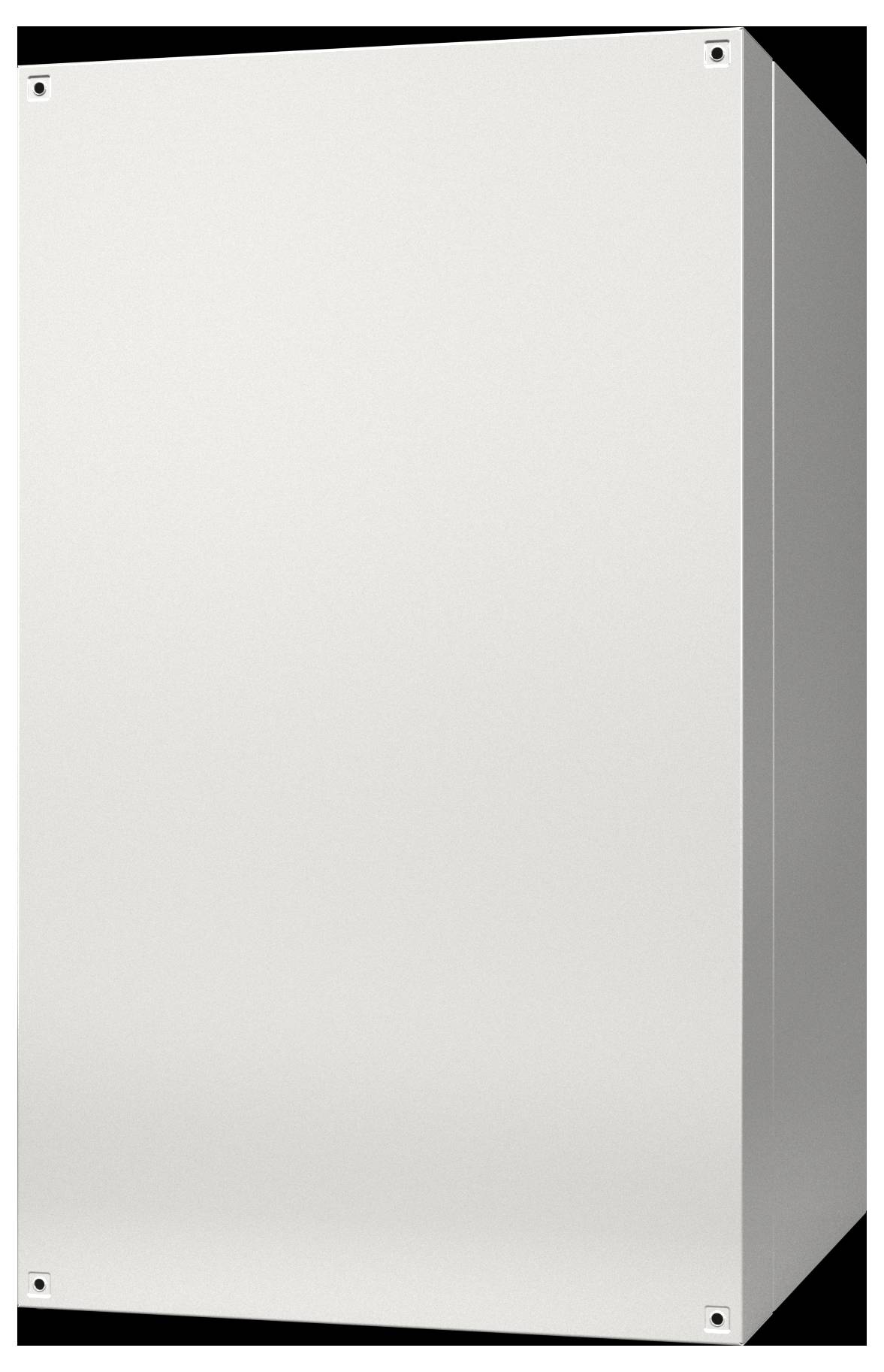 Ein schlichter, weißer, rechteckiger Metallschrank mit sichtbaren Schrauben an jeder Ecke, der vor einem einfarbigen Hintergrund zu sehen ist.