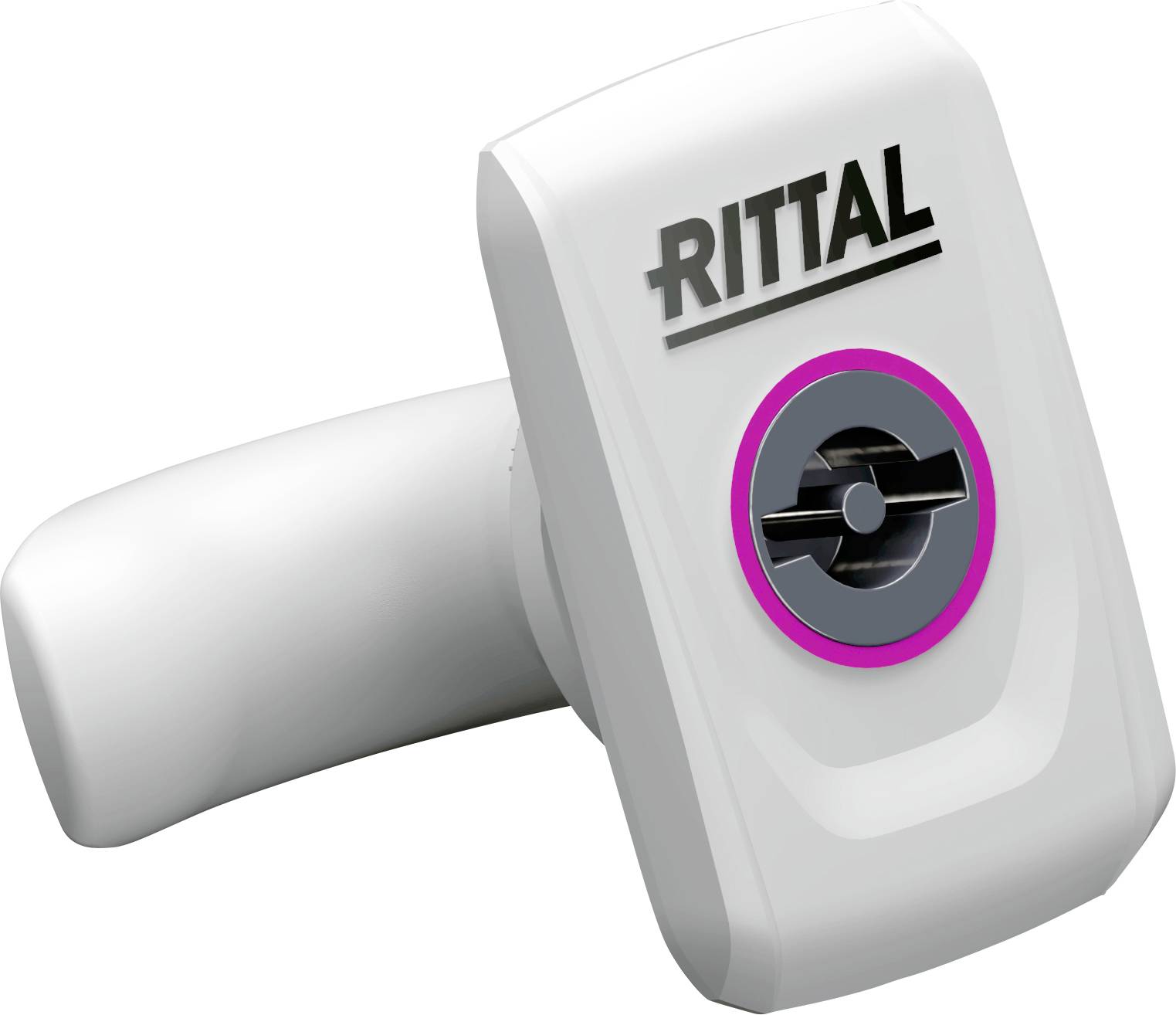 Ein weißer Rittal-Verschlussgriff mit rundem Schlüsselloch und elegantem Design.