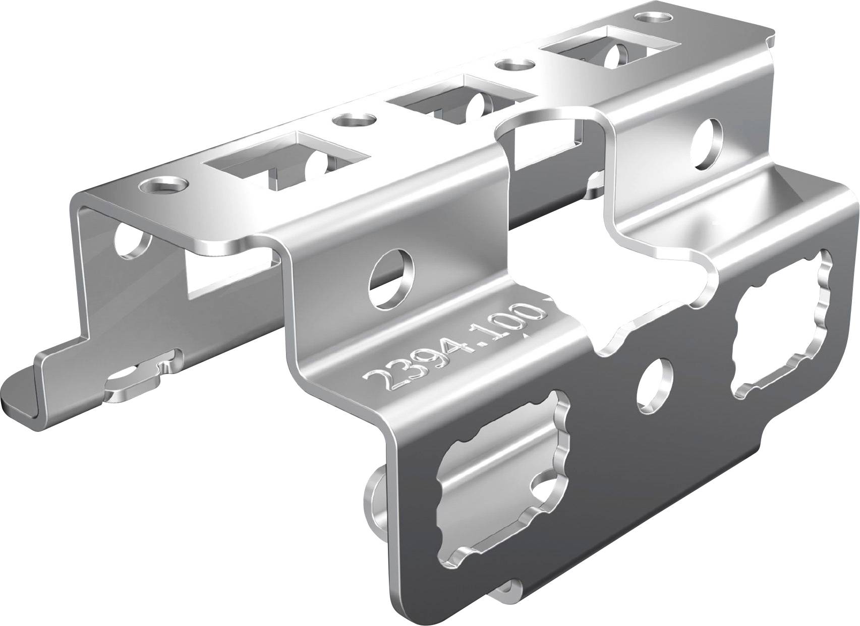 Metallklammer mit mehreren Ausschnitten und eingravierter Nummer 2394.110, entworfen für strukturelle Unterstützung in Bau- oder Montageaufgaben.