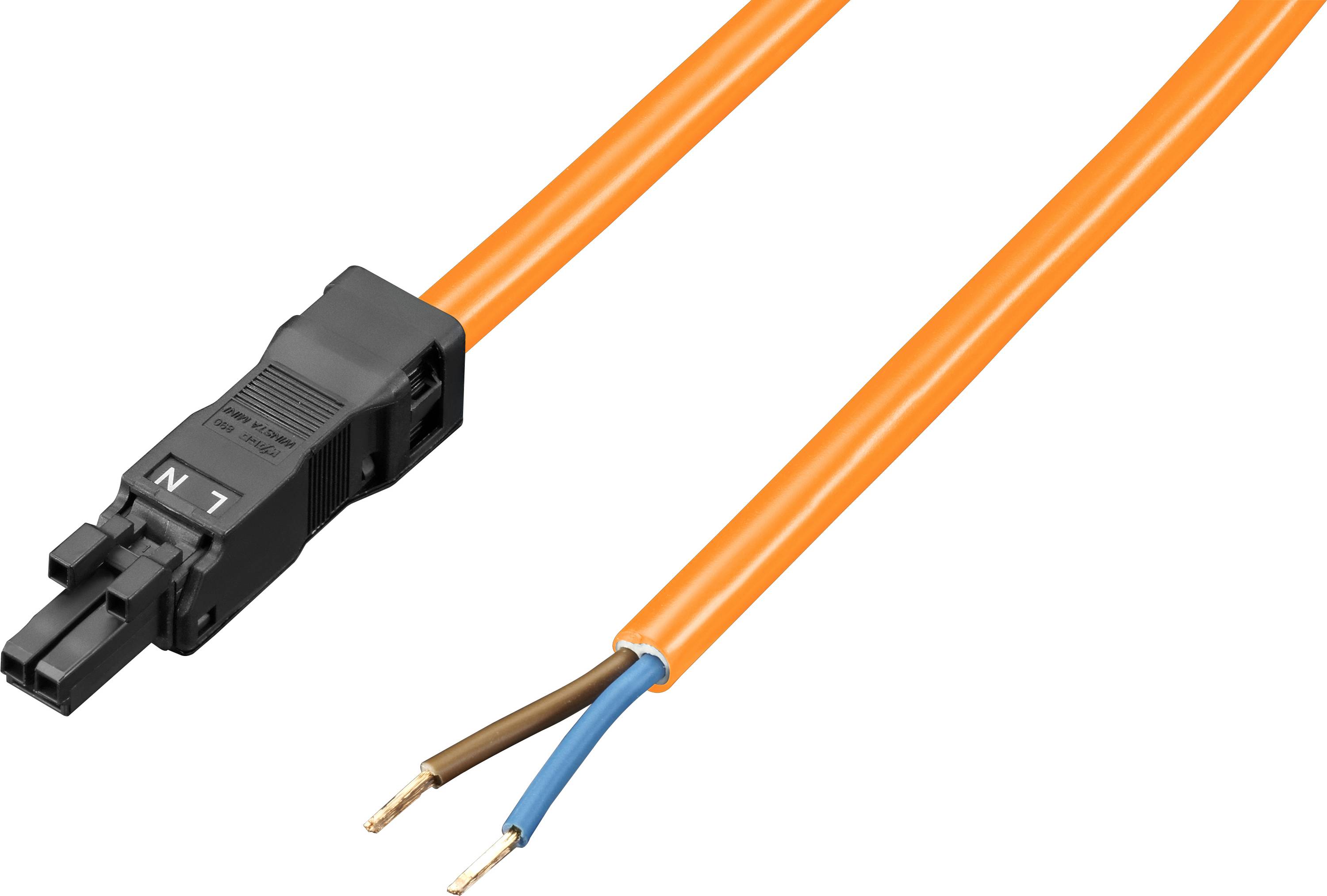 Ein orangefarbenes elektrisches Kabel mit einem schwarzen Stecker, der mit 'L' und 'N' beschriftet ist. Die Kabelenden sind freigelegt und zeigen einen braunen und einen blauen Draht.