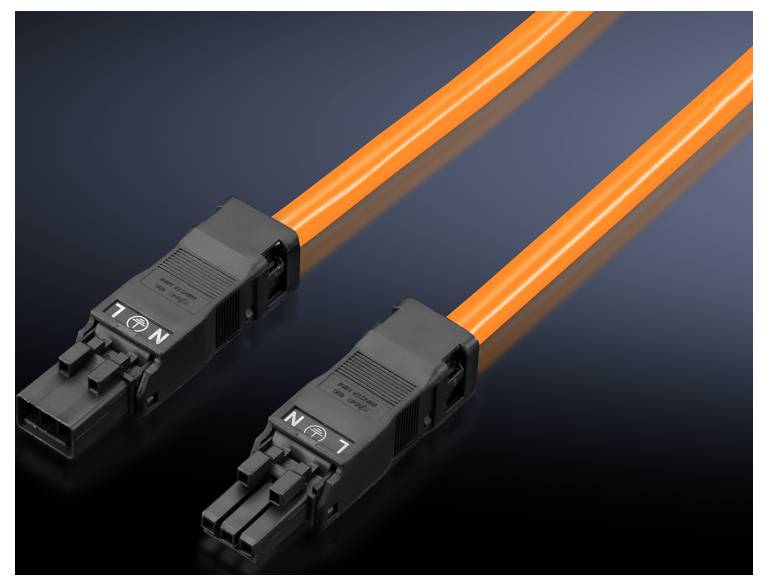 Zwei orangefarbene elektrische Anschlüsse, mit N und L beschriftet, parallel auf einem verlaufenden dunkleren Hintergrund positioniert.