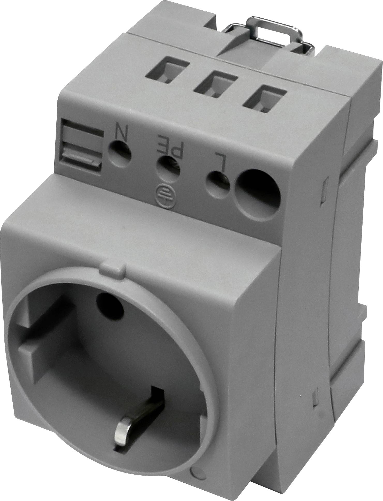 Eine graue Steckdose mit drei beschrifteten Löchern: 'N', 'PE', 'L'. Für die Oberflächenmontage konzipiert.