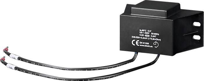 Eine elektronische Komponente mit zwei Drähten. Sie hat ein schwarzes rechteckiges Gehäuse mit Etiketten, die Spezifikationen und Konformitätszeichen angeben.