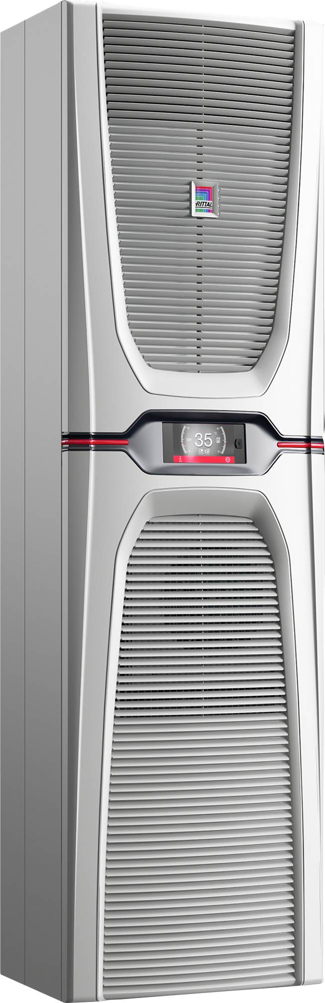 Eine moderne, silberne Klimaanlage mit einer digitalen Temperaturanzeige, die auf '25°C' eingestellt ist und ein vertikales Design mit Lüftungsschlitzen aufweist.