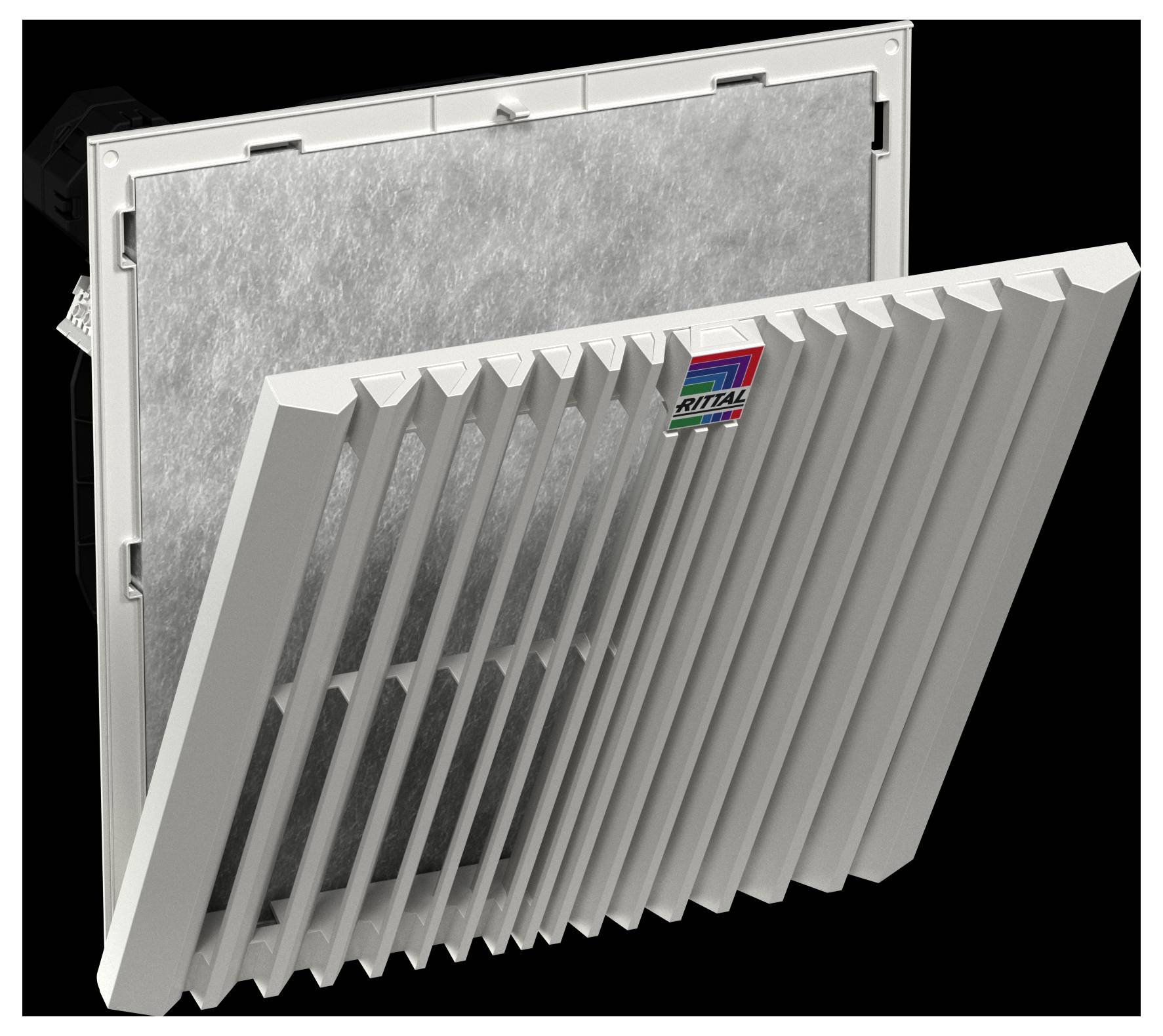 Lüftungsventilator mit Filter, schräg gezeigt, zeigt das Rittal-Logo. Die weiße Lamellenklappe ist geöffnet und gibt den Filter im Inneren frei.