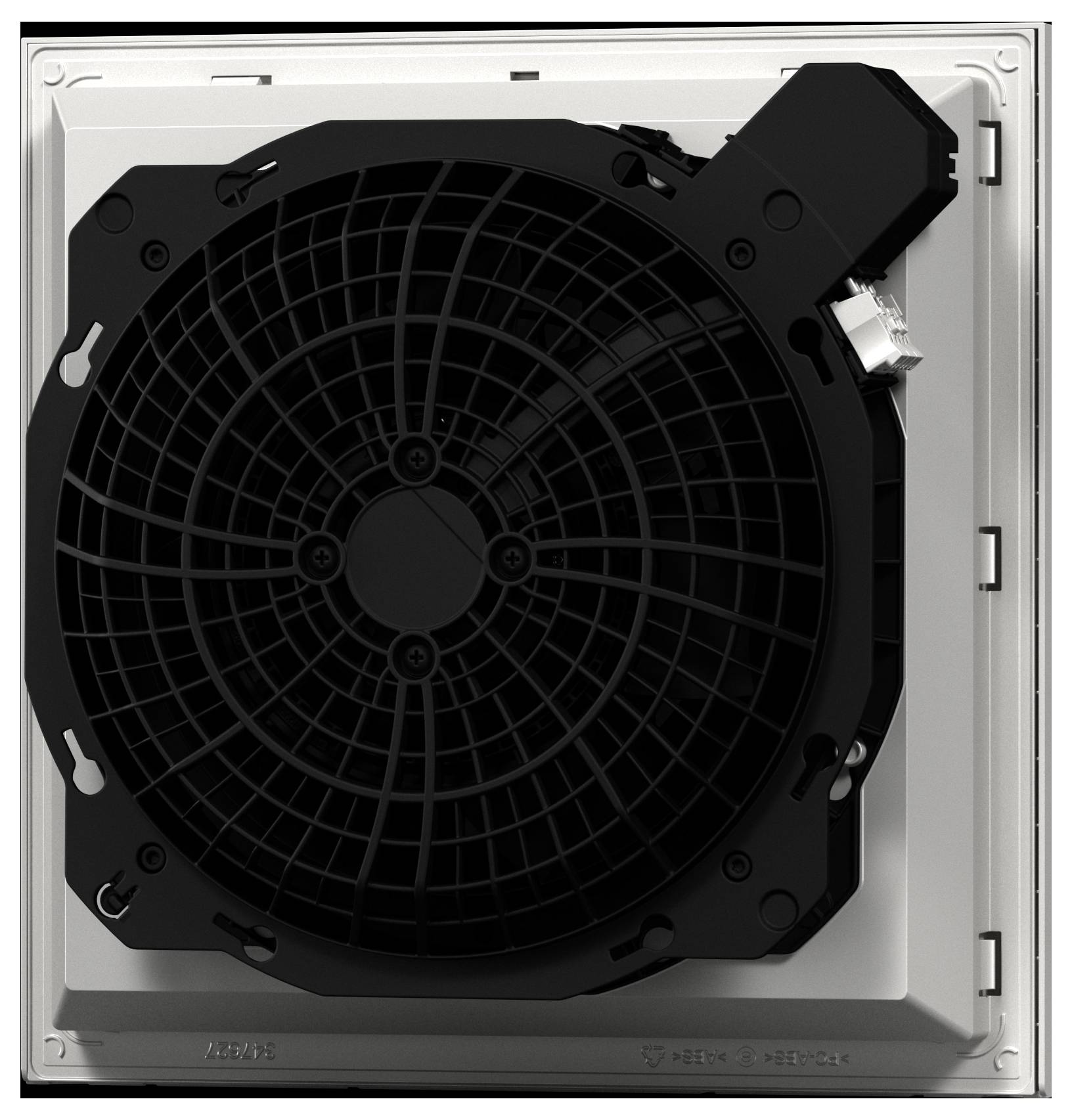 Ein quadratischer schwarzer Lüftungsventilator mit Schutzgitter, eingebaut in einen Metallrahmen.