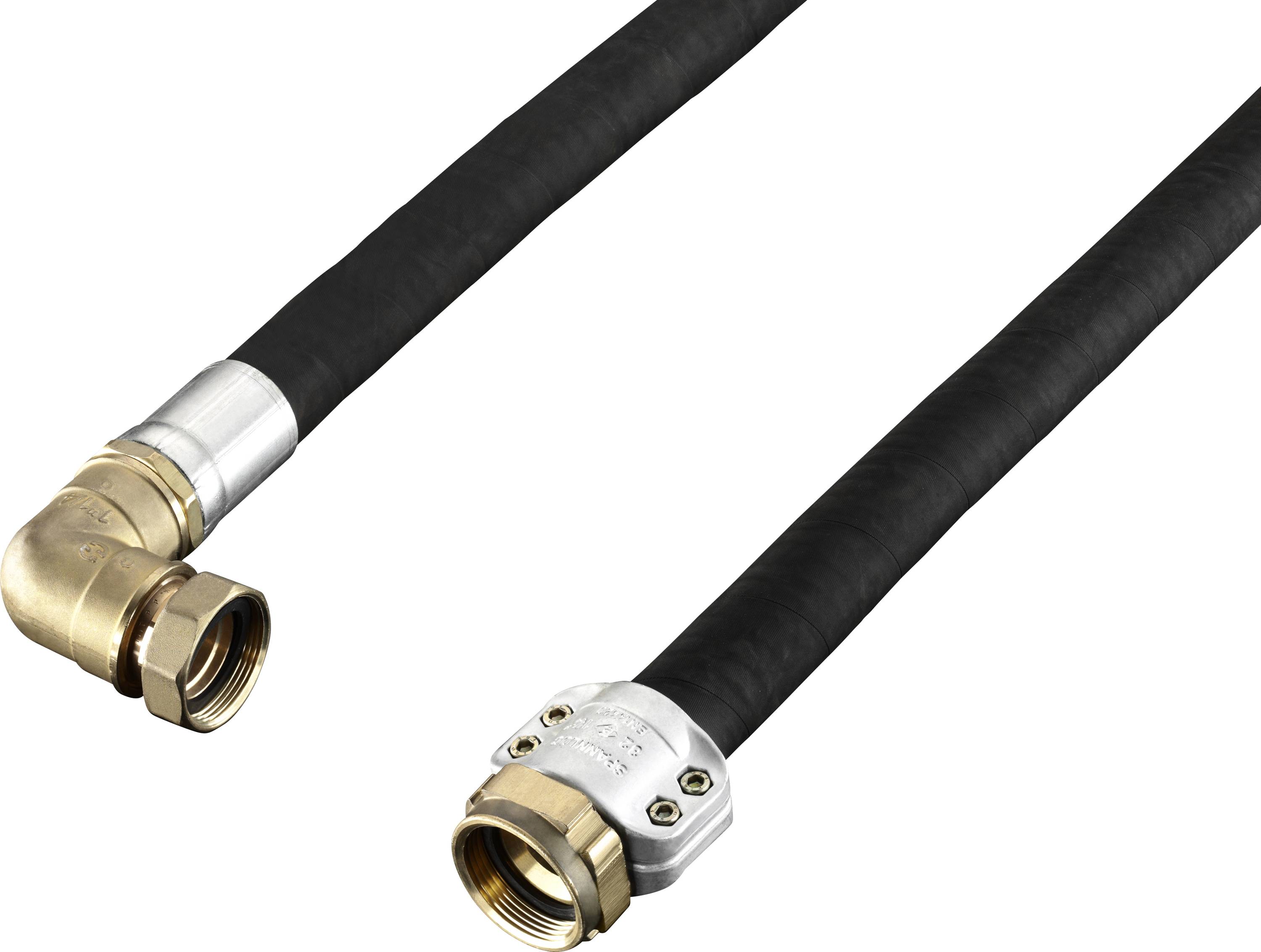 Zwei flexible, schwarze Schläuche mit Messing- und Silbermetall-Anschlüssen, einer mit Winkelstück, zur Verwendung in Sanitär- oder Heizungs-, Lüftungs- und Klimaanlagen.