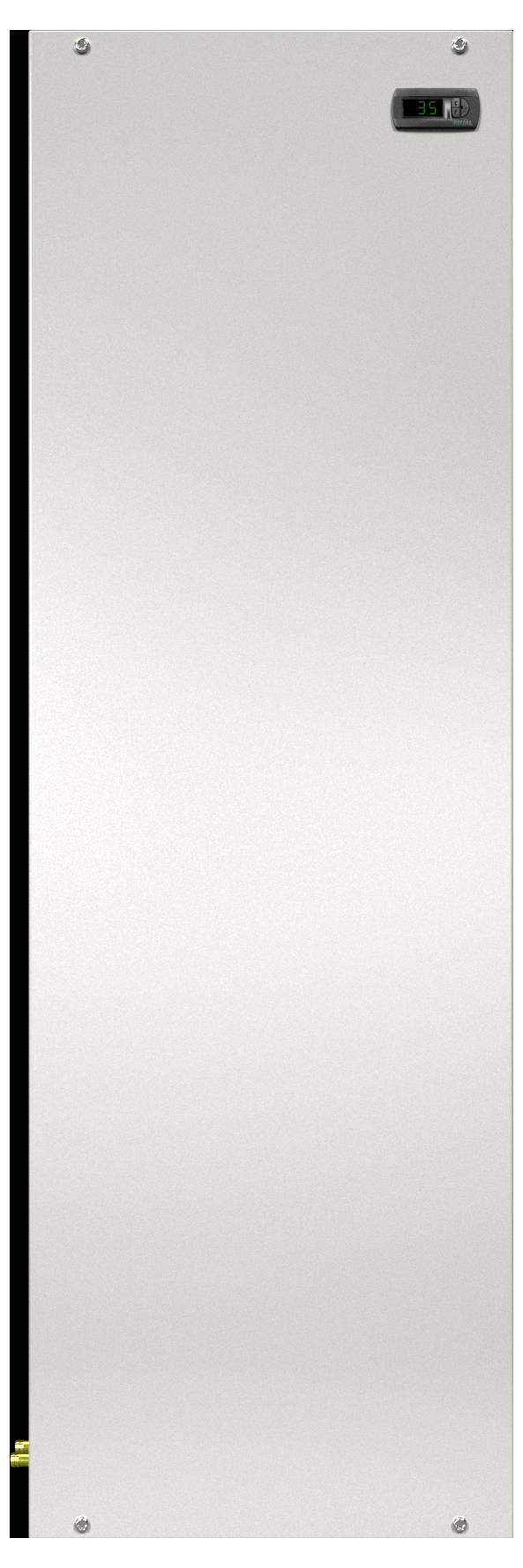 Rechteckige Metallplatte mit einem kleinen schwarzen digitalen Display oben, das Signalbalken zeigt. Minimalistisches Design.