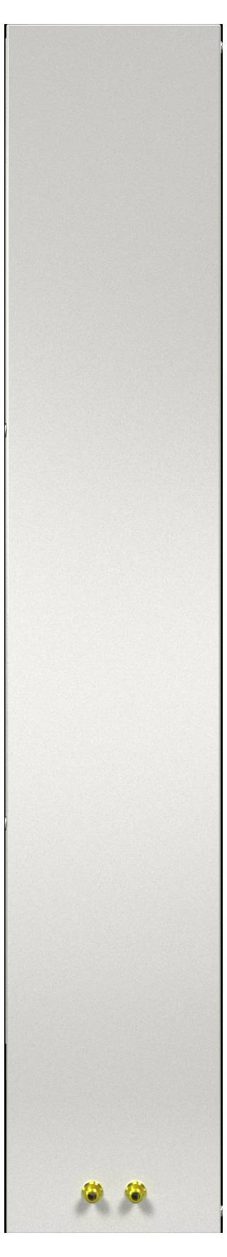 Ein langer, rechteckiger Spiegel mit schlichtem Design und zwei kleinen gelben Knöpfen am unteren Rand.