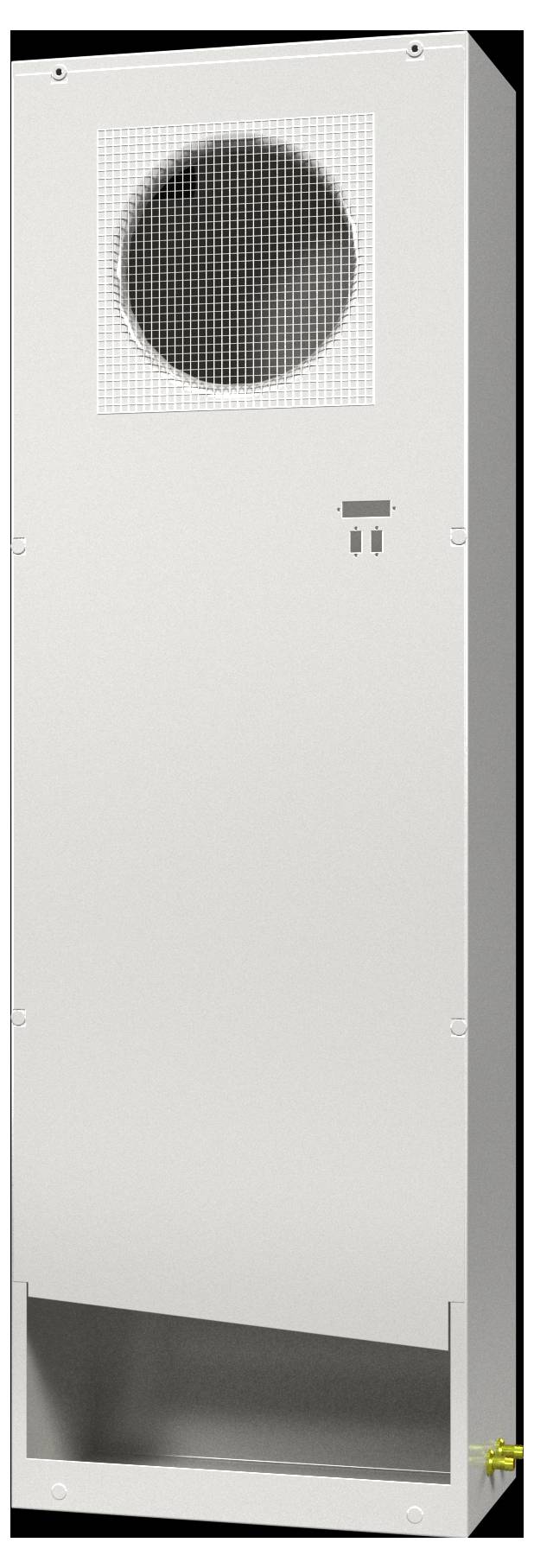 Eine weiße rechteckige Luftbehandlungsanlage mit einem runden Lüftungsauslass oben und einer schrägen Öffnung unten, von vorne dargestellt.