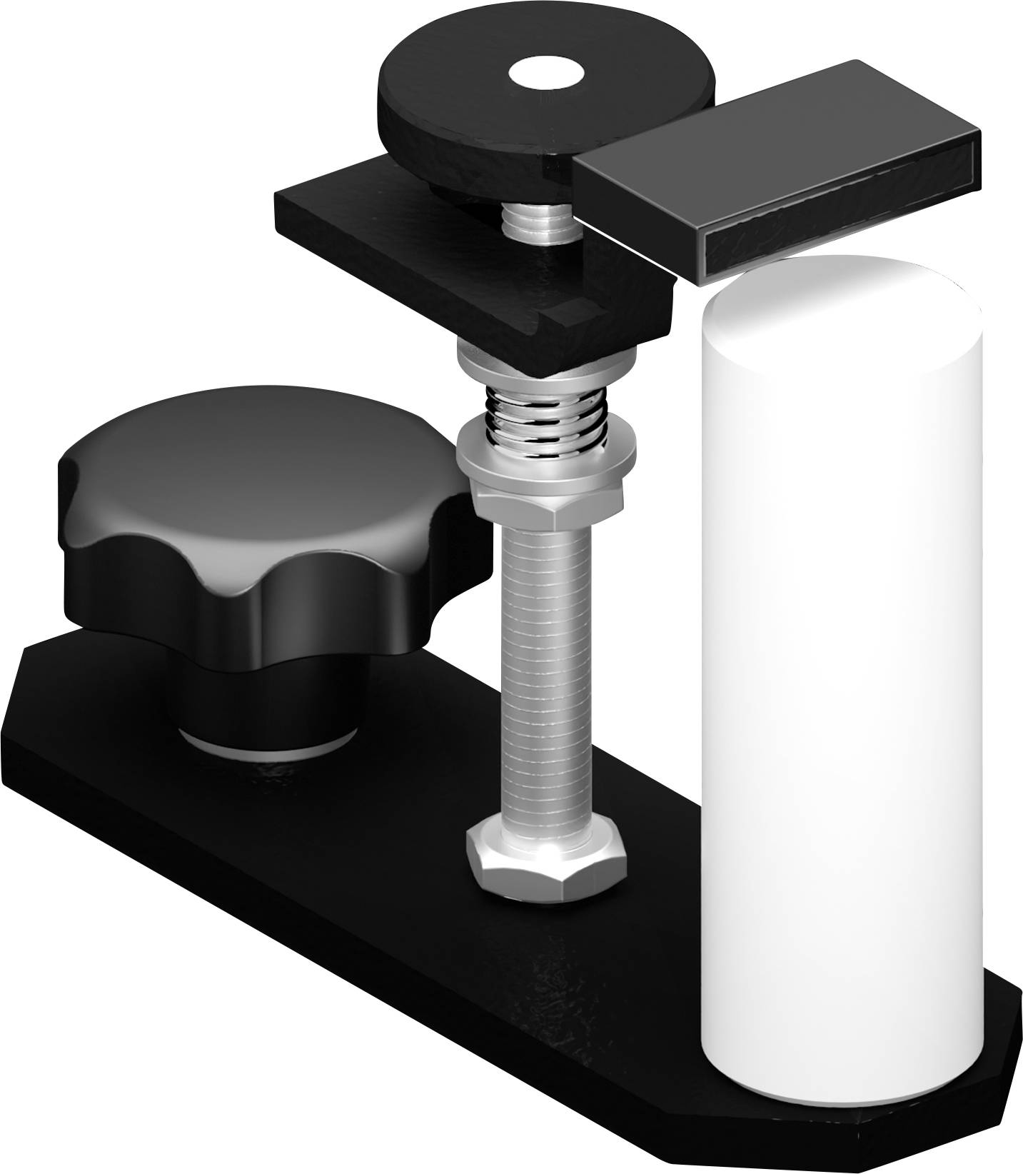 Eine Metallhalterung mit einem schwarzen Knopf, einem Gewindebolzen und einem weißen zylindrischen Pfosten, höchstwahrscheinlich eine mechanische Komponente oder Klemmvorrichtung.