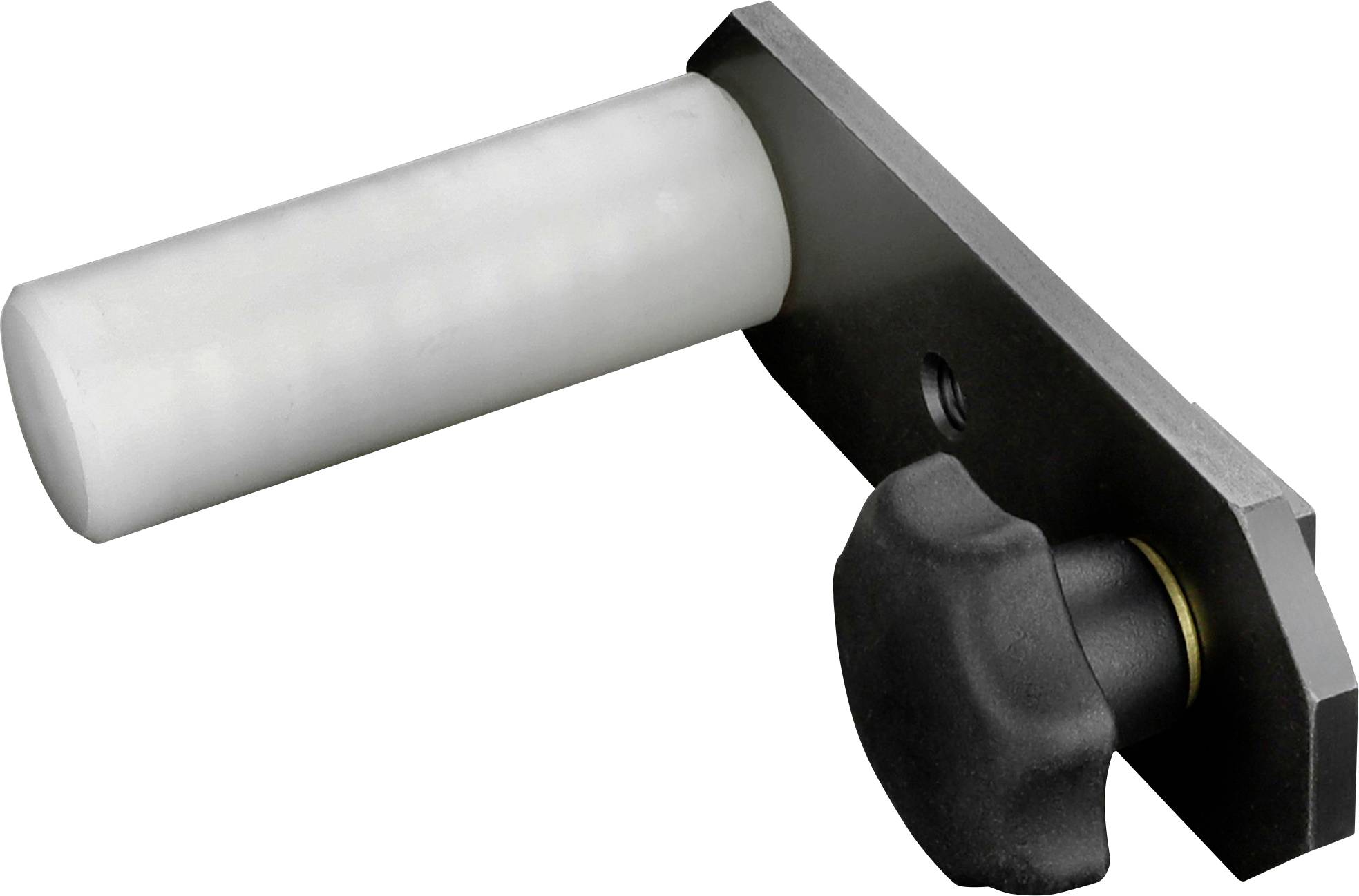 A metal doorstop with a white cylindrical post and a black knob, designed for preventing door damage and ensuring smooth door operation.