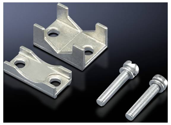 Ein Metallmontagehalterungssystem mit zwei Schrauben und zwei miteinander verriegelbaren Komponenten auf einem dunklen Hintergrund.