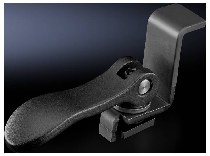 Ein schwarzer Hebelverriegelungsmechanismus vor einem dunklen Verlaufshintergrund, der seinen ergonomischen Griff und das Schwenkgelenk zeigt.