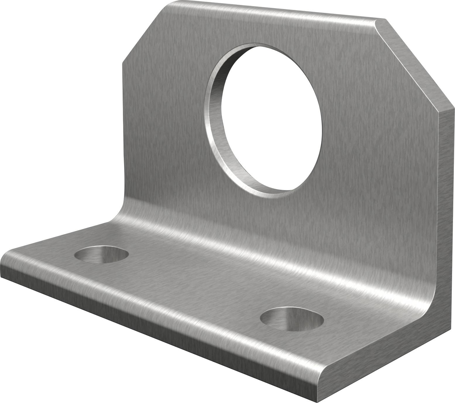 Eine Metallwinkelhalterung mit einem großen kreisrunden Loch an der Oberseite und zwei kleineren Löchern an der Basis, die zur Befestigung oder Unterstützung verwendet wird.