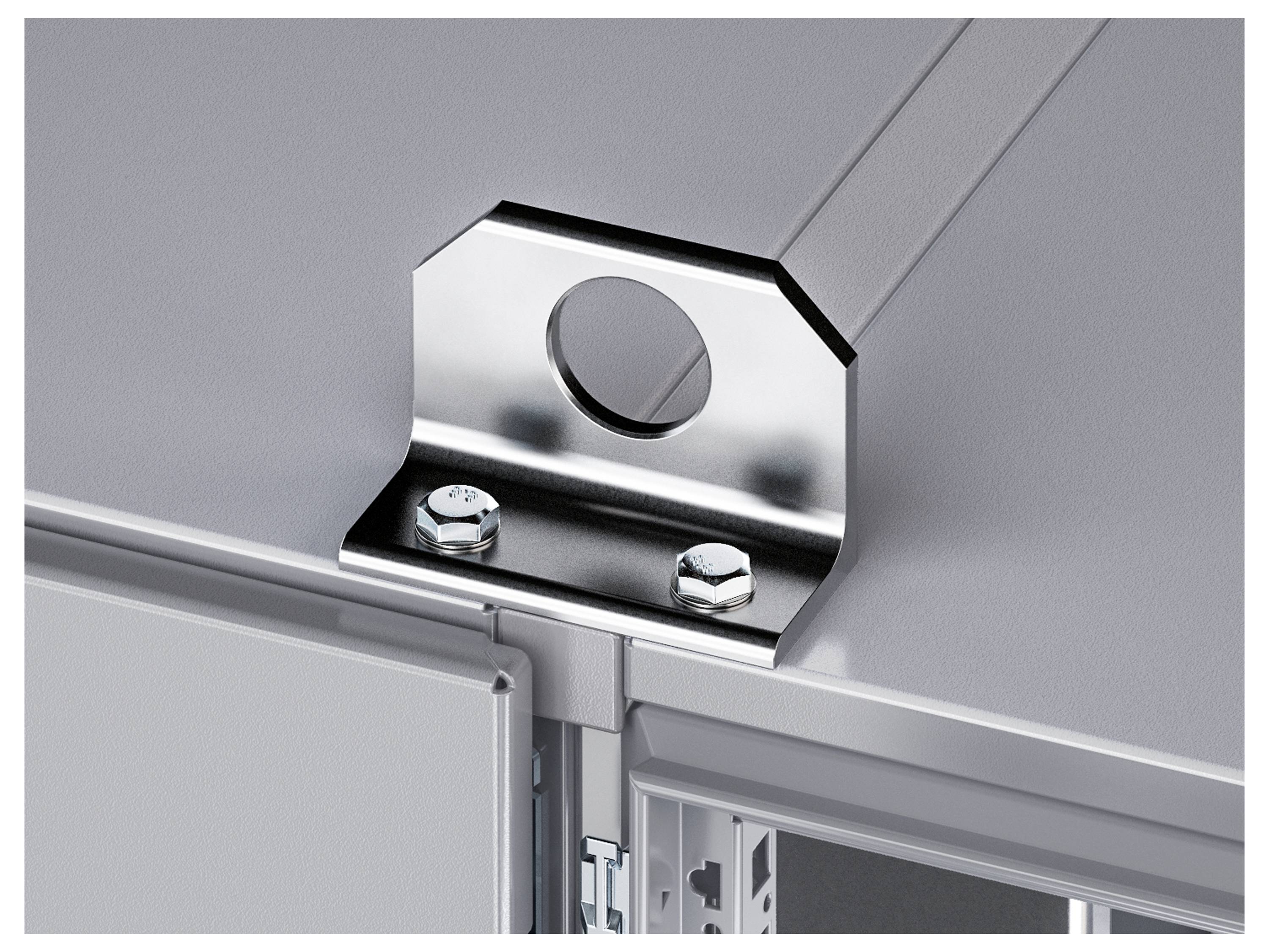 Obere Befestigungshalterung auf einer Metalloberfläche mit zwei Schrauben, die sie sichern, verwendet für strukturelle Unterstützung oder Geräteinstallation.