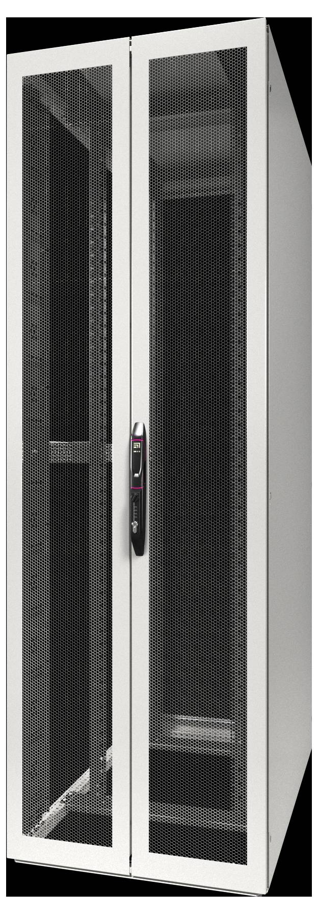 Ein hoher Serverrack mit belüfteten Vordertüren, der zur Unterbringung von Computern und Netzwerkausrüstung konzipiert ist.