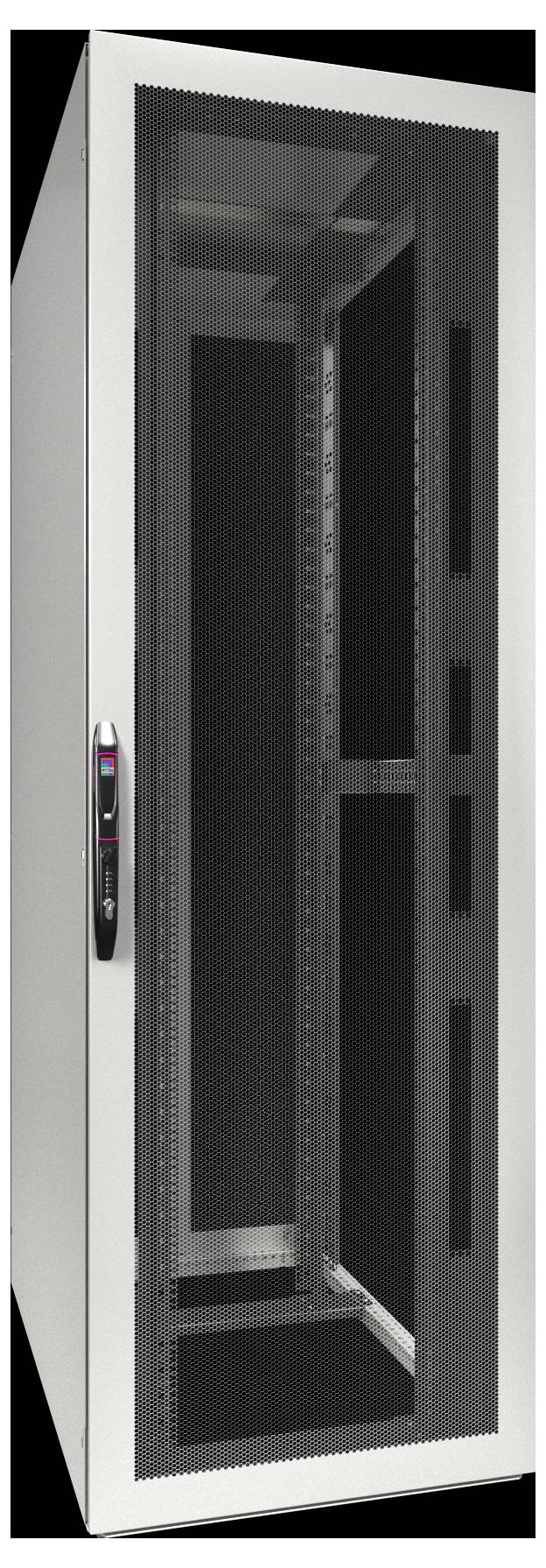 Ein hoher, leerer Serverrack mit schwarzem Innenraum und Glastür, konzipiert zur Unterbringung von Computer- und Netzwerkausrüstung.
