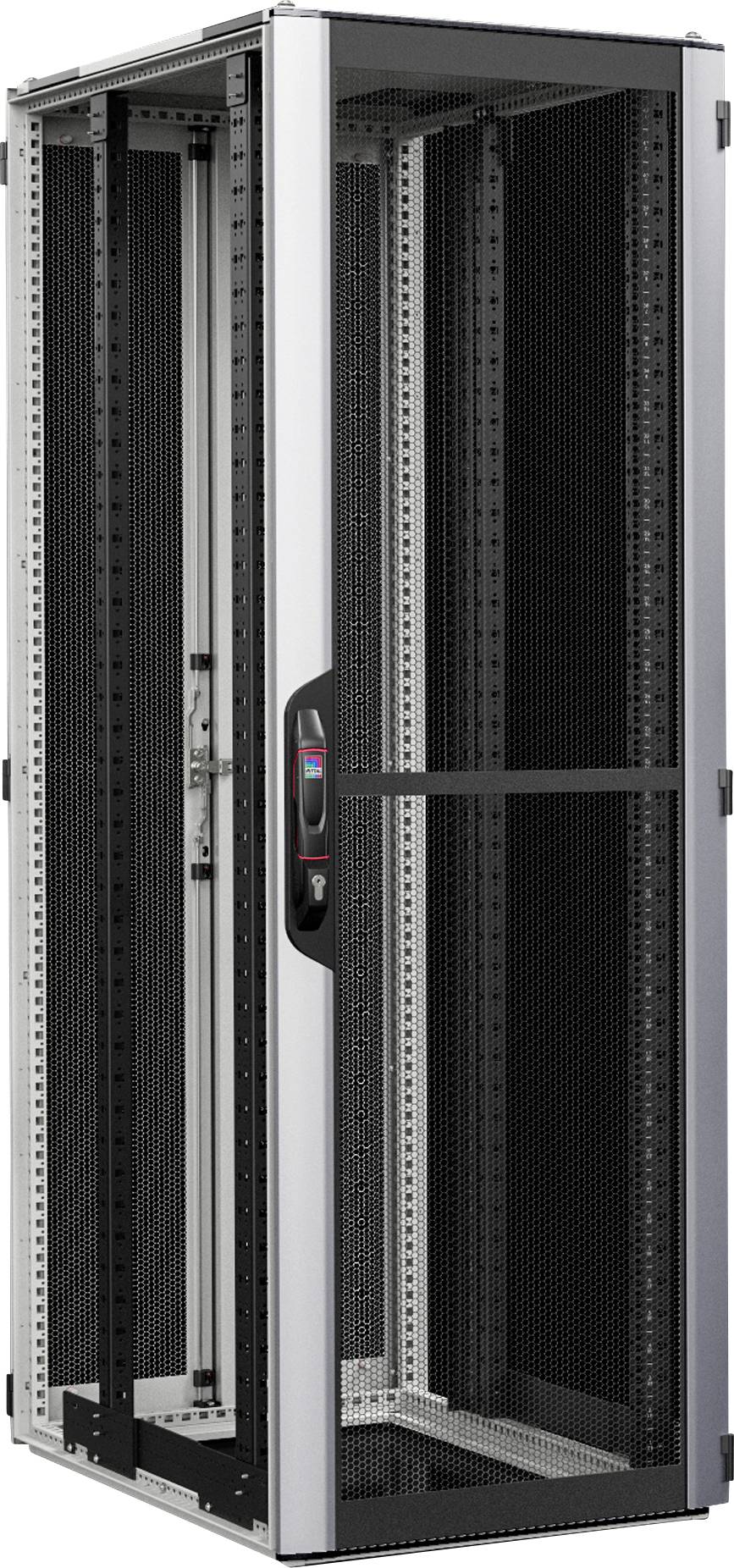 Ein hoher, offener Serverständer mit einer Gittertür und Seitenpanels, der für die Unterbringung von Netzwerkausrüstung und elektronischen Geräten in Rechenzentren konzipiert ist.