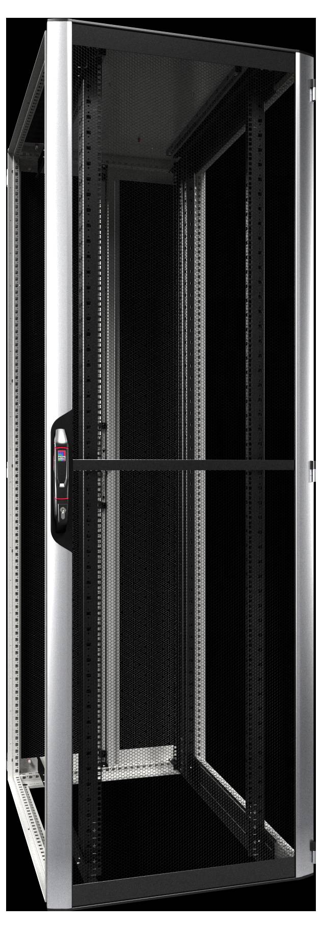 Ein hoher, leerer Serverrack mit offenen Front- und Rückentüren, schwarzem Innenraum und einem silbernen Rahmen, der vor einem einfarbigen Hintergrund positioniert ist.