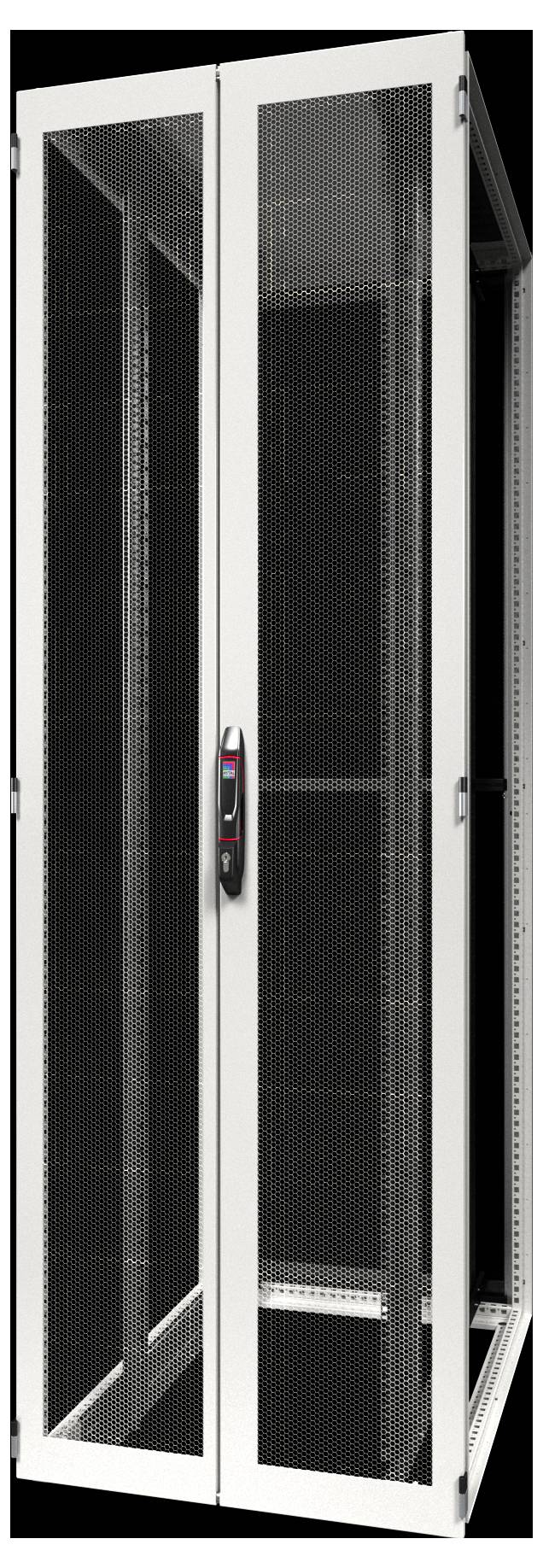 Ein hoher Serverrack aus Metall mit einer Gittertür ist geschlossen und zeigt sein sicheres, belüftetes Design zur Unterbringung von Computerservern in einem Rechenzentrum.