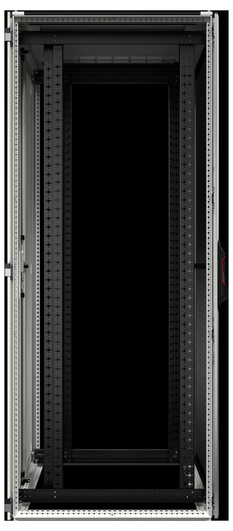 Ein leerer schwarzer Serverständer steht aufrecht und zeigt offene Einschübe für elektronische Geräte in einer technischen Umgebung oder einem Rechenzentrum.