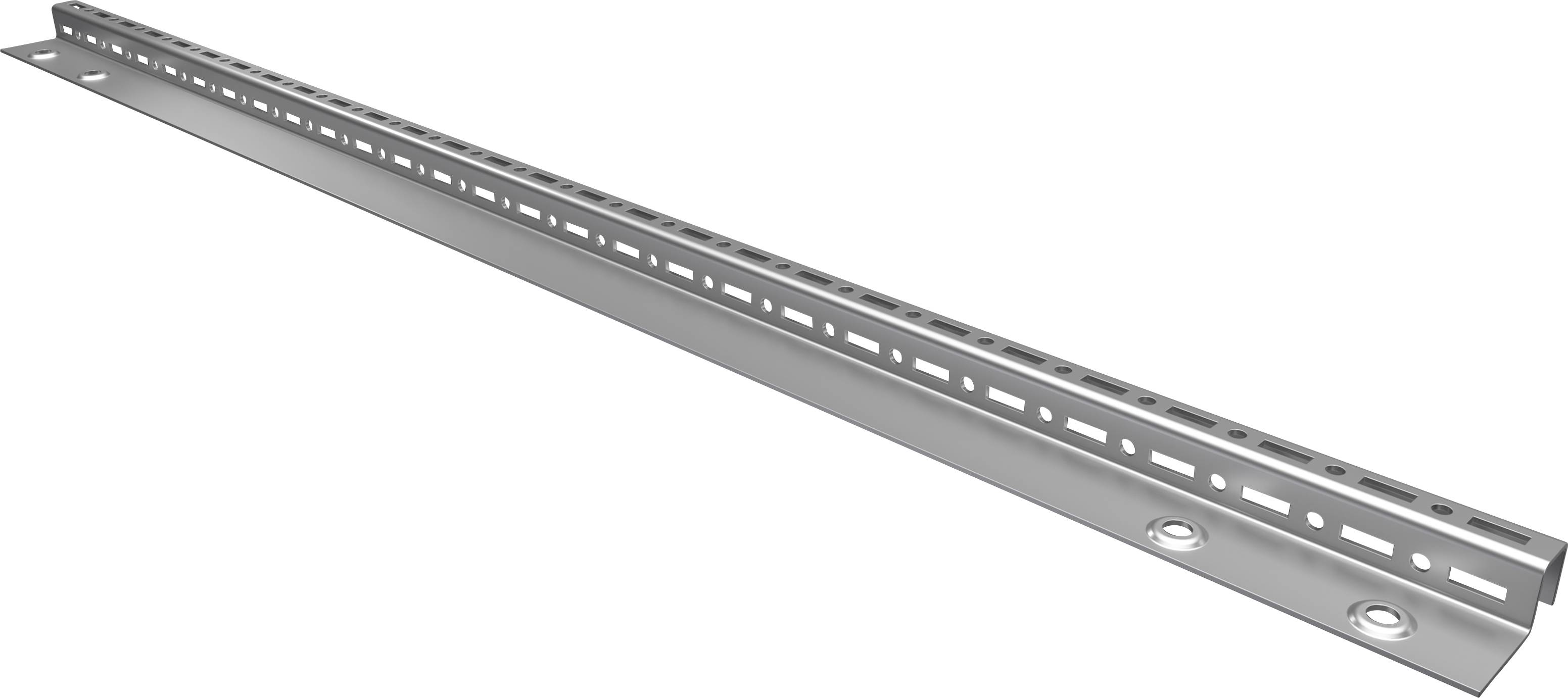 Eine lange, gewinkelte Metallhalterung mit gelochter Oberfläche, die zur strukturellen Abstützung und Befestigung bei Bau- und Montagearbeiten verwendet wird.
