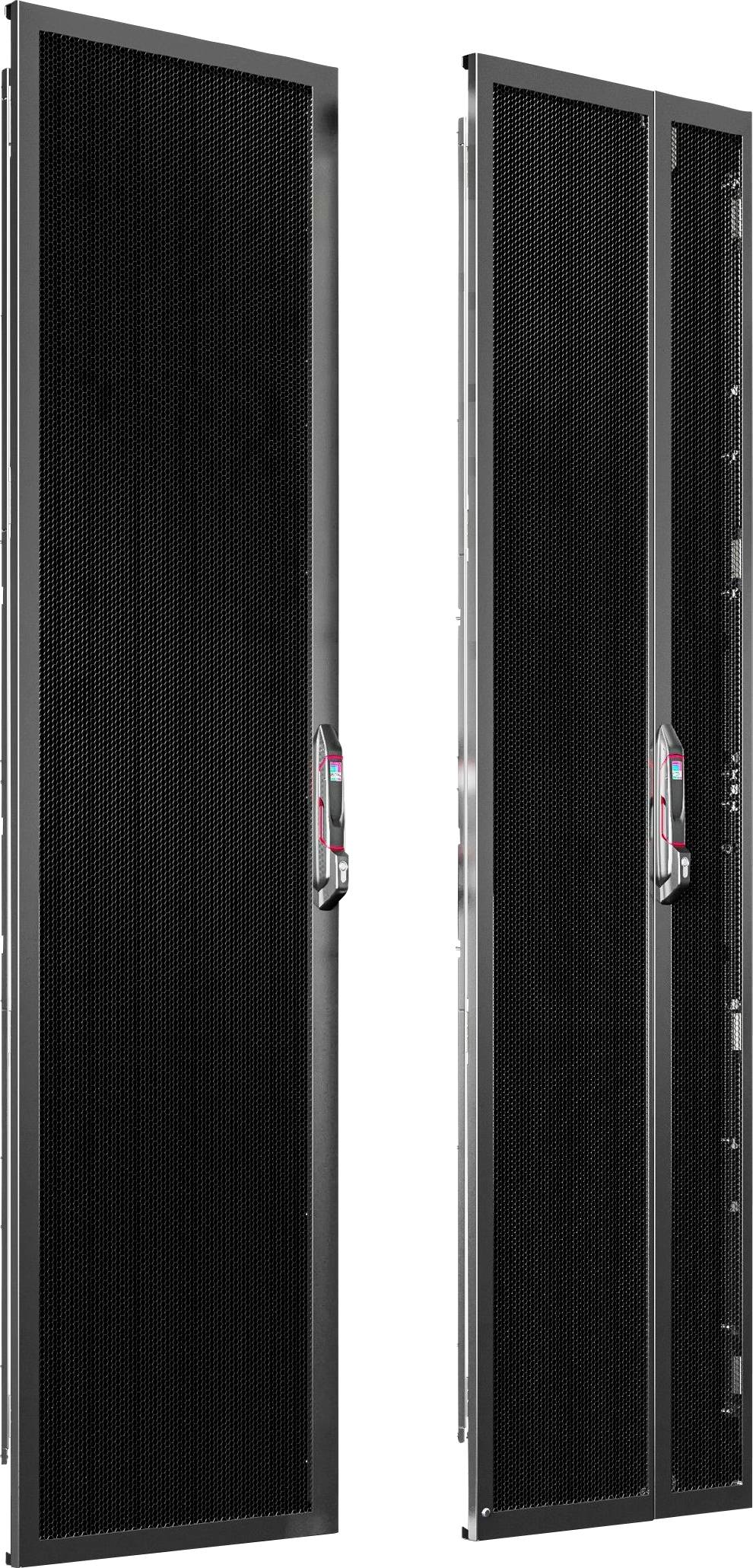 Zwei große, schwarze Serverschrank-Türen mit Mesh-Design, jeweils mit metallischen Griffen und farbigen Anzeigelampen.