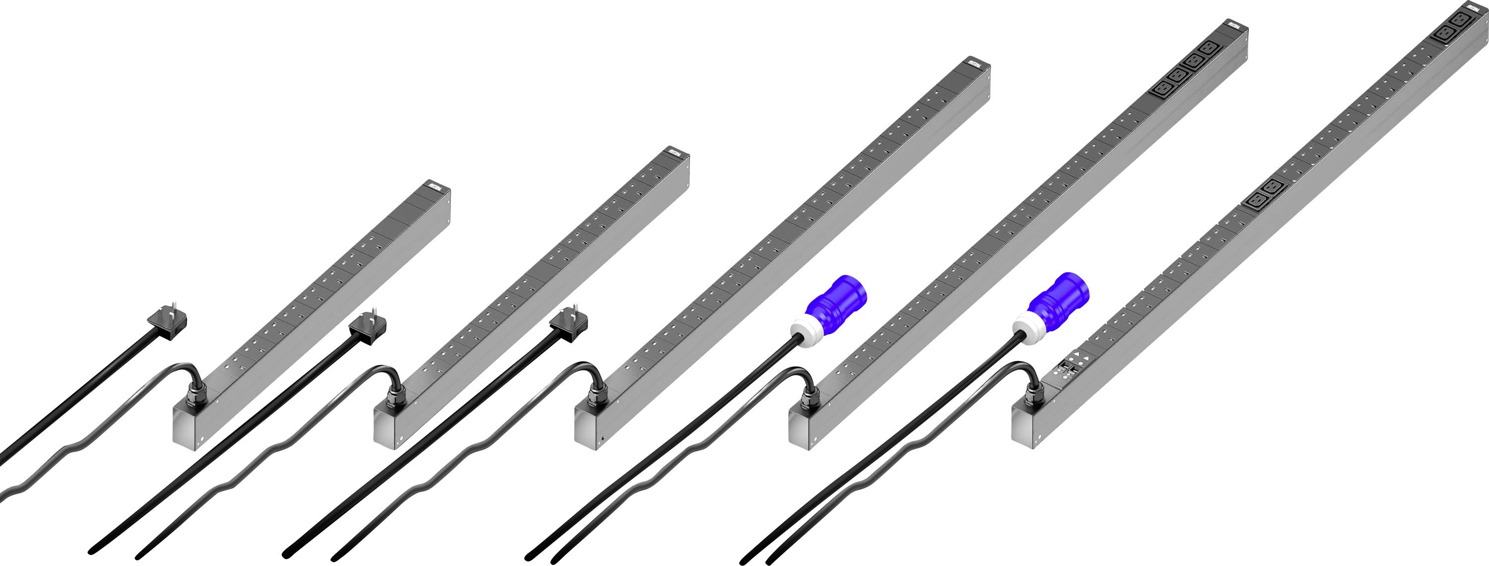 Eine Reihe von sechs metallischen rechteckigen Stäben mit angeschlossenen schwarzen Kabeln. Die Stäbe nehmen von links nach rechts in Größe zu. Zwei davon haben eine blaue Komponente.